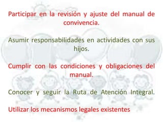 Participar en la revisión y ajuste del manual de
convivencia.
Asumir responsabilidades en actividades con sus
hijos.
Cumplir con las condiciones y obligaciones del
manual.
Conocer y seguir la Ruta de Atención Integral.
Utilizar los mecanismos legales existentes
 