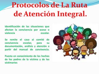 Identificación de las situaciones que
afectan la convivencia por acoso o
violencia escolar.
Se remite el caso al comité de
convivencia escolar, para su
documentación, análisis y atención a
partir del manual de convivencia.
Puesta en conocimiento de los hechos
de los padres de la víctima y de los
victimarios
Protocolos de La Ruta
de Atención Integral.
 
