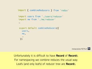 Unfortunately it is difficult to have Record of Records.
For namespacing we combine reduces the usual way.
Leafs (and only...