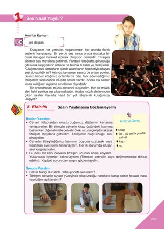 233
Dünyanın her yerinde, yaşantımızın her anında farklı
seslerle karşılaşırız. Bir yerde ses varsa orada mutlaka bir
cisim ileri-geri hareket ederek titreﬂiyor demektir. Titreşen
cisimler ses meydana getirirler. Yandaki fotoğrafta görüldüğü
gibi kulak kepçemizin üstüne bir bardak tutalım ve dinleyelim.
Kulağımızdaki damarların içinde akan kanın hareketiyle oluşan
sesi duyabildik mi? Aslında tamamen sessiz bir ortam yoktur.
Sessiz kabul ettiğimiz ortamlarda bile fark edemediğimiz
titreşimler sonucunda oluşan sesler vardır. Ancak bu sesler
insan kulağının algılama sınırlarının dışındadır.
Bir orkestradaki müzik aletlerini düşünelim. Her bir müzik
aleti farklı şekilde ses çıkarmaktadır. Acaba müzik aletlerinden
çıkan sesler havada nasıl bir yol izleyerek kulağımıza
ulaşıyor?
Ses Nas›l Yay›l›r?
Anahtar Kavram
ses dalgas›
8. Etkinlik
Araç-Gereçler
Araç ve Gereç
♦ kitap
♦ 20 - 30 cm’lik plastik
cetvel
♦ kap
♦ su
Sesin Yay›lmas›n› Gözlemleyelim
Bunları Yapalım
• Cetveli kitaplardan oluﬂturduğumuz düzlemin kenarına
yerleştirelim. Bir elimizle cetvelin kitap üstündeki kısmına
bastırırken diğer elimizle cetvelin öteki ucunu çekip bırakarak
titreşim meydana getirelim. Titreşimin oluşturduğu sesi
dinleyelim.
• Cetvelin titreştirdiğimiz kısmının boyunu uzatarak veya
kısaltarak aynı işlemi tekrarlayalım. Her iki durumda oluﬂan
sesi karşılaştıralım.
• Su dolu bir kab› cetvelin titreﬂen ucunun alt›na koyal›m.
Yukar›daki iﬂlemleri tekrarlayal›m (Titreﬂen cetvelin suya değmemesine dikkat
edelim). Kaptaki suyun davran›ﬂ›n› gözlemleyelim.
Sonuca Varalım
• Cetvel hangi durumda daha ﬂiddetli ses üretti?
• Titreﬂen cetvelin suyun yüzeyinde oluﬂturduğu harekete bak›p sesin havada nas›l
yay›ld›ğ›n› aç›klayal›m?
Gözlemleyelim, ‹nceleyelim
 