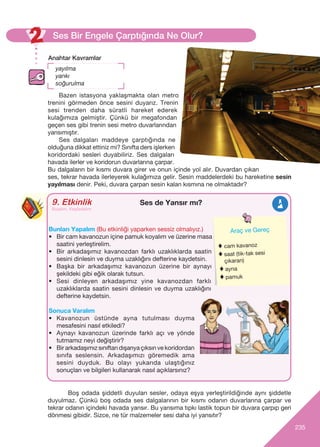 235
Ses Bir Engele Çarpt›¤›nda Ne Olur?
Anahtar Kavramlar
yay›lma
yank›
soğurulma
Bazen istasyona yaklaﬂmakta olan metro
trenini görmeden önce sesini duyar›z. Trenin
sesi trenden daha süratli hareket ederek
kulağ›m›za gelmiﬂtir. Çünkü bir megafondan
geçen ses gibi trenin sesi metro duvarlar›ndan
yans›m›ﬂt›r.
Ses dalgaları maddeye çarptığında ne
olduğuna dikkat ettiniz mi? Sınıfta ders işlerken
koridordaki sesleri duyabiliriz. Ses dalgalar›
havada ilerler ve koridorun duvarlarına çarpar.
Bu dalgaların bir kısmı duvara girer ve onun içinde yol alır. Duvardan çıkan
ses, tekrar havada ilerleyerek kulağımıza gelir. Sesin maddelerdeki bu hareketine sesin
yayılması denir. Peki, duvara çarpan sesin kalan k›sm›na ne olmaktad›r?
9. Etkinlik
Araç-Gereçler
Araç ve Gereç
♦ cam kavanoz
♦ saat (tik-tak sesi
çıkaran)
♦ ayna
♦ pamuk
Ses de Yans›r m›?
Bunlar› Yapal›m (Bu etkinliği yaparken sessiz olmal›y›z.)
• Bir cam kavanozun içine pamuk koyalım ve üzerine masa
saatini yerleﬂtirelim.
• Bir arkadaﬂ›m›z kavanozdan farkl› uzakl›klarda saatin
sesini dinlesin ve duyma uzakl›ğ›n› defterine kaydetsin.
• Başka bir arkadaşımız kavanozun üzerine bir aynayı
şekildeki gibi eğik olarak tutsun.
• Sesi dinleyen arkadaﬂ›m›z yine kavanozdan farkl›
uzakl›klarda saatin sesini dinlesin ve duyma uzakl›ğ›n›
defterine kaydetsin.
Sonuca Varal›m
• Kavanozun üstünde ayna tutulmas› duyma
mesafesini nas›l etkiledi?
• Aynay› kavanozun üzerinde farkl› aç› ve yönde
tutmam›z neyi değiﬂtirir?
• Bir arkadaşımız sınıftan dışarıya çıksın ve koridordan
sınıfa seslensin. Arkadaşımızı göremedik ama
sesini duyduk. Bu olayı yukarıda ulaştığınız
sonuçları ve bilgileri kullanarak nasıl açıklarsınız?
Bulal›m, Keﬂfedelim
Boş odada şiddetli duyulan sesler, odaya eşya yerleştirildiğinde aynı şiddetle
duyulmaz. Çünkü boş odada ses dalgalarının bir kısmı odanın duvarlarına çarpar ve
tekrar odanın içindeki havada yansır. Bu yansıma tıpkı lastik topun bir duvara çarpıp geri
dönmesi gibidir. Sizce, ne tür malzemeler sesi daha iyi yansıtır?
 