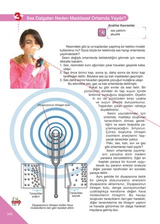 240
Ses Dalgalar› Neden Maddesel Ortamda Yay›l›r?
16
1
2
Diyapazonun titreﬂen kollar› hava
moleküllerini ileri geri hareket ettirir.
Diyapozonun titreﬂen kolu
Tanecikler
yoğun
Tanecikler
seyrek
Fakat su gibi s›v›lar da sesi iletir. Bir
yüzücünün elindeki iki taşı suyun içinde
birbirine vurduğunu düşünelim. Diyelim
ki siz de yüzücüden biraz uzakta
ve suyun altında duruyorsunuz.
Taşlardan çıkan sesleri rahatça
duyabilirsiniz.
Sesin yayılabilmesi için
ortamda, maddeyi oluşturan
taneciklerin olması gerek-
tiğini ve sesin boşlukta ya-
yılamayacağını biliyoruz.
Çünkü boşlukta titreşen
cisimlerin enerjilerini taşı-
yacak tanecikler yoktur.
Peki, ses, katı, sıvı ve gaz
gibi ortamlarda nasıl yayılır?
Sesin ortamlarda yayılma-
sını yanyana dizili madeni
paralara benzetebiliriz. Eğer en
baﬂtaki paraya bir kuvvet uygu-
larsak bu paran›n enerjisi s›ras›yla
diğer paralar taraf›ndan en sondaki
paraya iletilir.
Ayn› ﬂekilde bir diyapazona lastik
bir çekiçle dokunursanız enerjisini
diyapazona aktarırsınız. Diyapazonun
titreşen kolu, denge pozisyonundan
uzaklaştıkça kendisine değen hava
moleküllerini titreştirir. Bu havay›
oluﬂturan taneciklerin ileri-geri hareketi,
diğer taneciklerine de titreşim yaptır›r
ve havada görünmez bir dalga hareketi
meydana gelmiﬂ olur.
Resimdeki gibi ip ve kaplardan yap›lm›ﬂ bir telefon modeli
kulland›n›z m›? Sizce böyle bir telefonda ses hangi ortamlarda
yay›lmaktad›r?
Sesin değiﬂik ortamlarda iletilebildiğini görmek için resme
dikkatle bakal›m.
1. Ses, resimdeki kızın ağzından çıkar havadan geçerek kaba
ulaşır.
2. Ses önce birinci kap, sonra ip, daha sonra da ikinci kap
taraf›ndan iletilir. Böylece ses üç katı maddeden geçmiştir.
3. Ses daha sonra havadan geçerek çocuğun kulağına ulaşır.
Bu etkinlikte ses, gaz ve kat› ortamlarda iletilmiﬂtir.
Anahtar Kavramlar
ses yal›t›m›
akustik
135. s
 