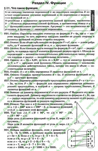 Раздел IV. Функции
§ 21. Что такое функция
Нгли каждому значению переменной х из некоторого множества В от-
1н*члет единственное значение переменной в у то переменная в называ­
ется функцией от X.
II«‘ременная х называется аргументом данной функции, множество
/> — областью определения данной функции, а соответствие между х и
ч — функциональным соответствием. Аргумент — это независимая пе­
ременная, а функция — зависимая переменная._______________________
051. Ответ: Периметр квадрата считается по формуле Р = 4а, где а — сто­
рона квадрата, то есть периметр квадрата зависит от длины стороны и
лиляется функцией от длины стороны квадрата.
052. Ответ: Если объем куба находят по формуле V = а3, где а — длина ребра
куба, то V является функцией от а, а — аргумент функции.
053. Ответ: Если площадь круга находят по формуле 5 = яг2, где г — радиус
круга, то площадь круга 5 является функцией радиуса круга г. Область ее
определения — множество положительных действительных чисел, потому
что площадь и радиус — положительные величини.
054. Ответ: т ~ У р = 8,6У, то есть т = 8,6У — тут т является функцией
от V, а V — аргумент этой функции. Область определения — множество
положительных действительных чисел, потому что масса и объем — по­
ложительные величини.
055. Ответ: &= VI - 5 5 * ; переменная £ является функцией от ^
056. Ответ: Площадь прямоугольника 5 = 5*. 8 является функцией от х,
а х ‘— аргумент функции.
057. Ответ: Периметр равностороннего треугольника равняется Р = а + а + а -
- За, то есть Р = За — формула для определения периметра равносто­
роннего треугольника, в которой а — сторона треугольника. Значит, Р
является функцией от а.
058. Зависит ли диаметр окружности й от его радиуса г? Выразите эту зави­
симость формулой. Диаметр окружности считается по формуле й = 2 г, где
г — радиус окружности, то есть диаметр окружности зависит от его радиу­
са и является функцией от радиуса окружности. ^
059. Ответ: Так как а и р являются смежными углами,
то а + р = 180° или а = 180° - р. а является функцией
от Р; р — аргумент этой функции.
0 6 0 . Так как + ZB = 90°, то ZA = 9 0 ° — ZB,
а ZB = 9 0 ° - УА.
Мера угла А является функцией от угла В, мера ZB —
аргумент.
Мера угла В является функцией от угла А, мера ZA — ^
аргумент.
061. Найдем значение функции, если х равняется:
1; 0 ; -3 ; 7; 1 0 0 0 , а функция задана формулой
у = 2х + 5 . Если х = 1, то I/ = 2 * 1 + 5 = 7;
если х = 0 , то у = 2 •0 + 5 = 5 ;
если х = -3 , то у = 2 * (-3) + 5 = - 1 ;
если ж= 7, то I/ = 2 * 7 + 5 = 1 9 ;
если х = .1 0 0 0 , то у = 2 • 1 0 0 0 + 5 = 2 0 0 5 .
Т*к
г .
%
Ш:
'хг
р
'Оч.
1Д.
rg
w
w
w
.4book.org
w
ook.org
w
w
w
.4book.org
w
w
w
.4
w
.4book.org
w
w
w
.4book.org
w
w
w
.4book.
w
w
w
.4book.org
w
w
w
.4book.org
w
w
w
.4book.org
org
w
w
w
.4book.org
w
w
w
.4book.org
w
w
w
.4book.org
book.org
w
w
w
.4book.org
w
w
w
.4book.org
w
w
w
.4book.org
w
w
.4book.org
w
w
w
.4book.org
w
w
w
.4book.org
w
w
w
.4book.org
w
w
w
.4book.org
w
w
w
.4book.org
w
w
w
.4book.org
w
w
w
.4book.or
w
w
w
.4book.org
w
w
w
.4book.org
w
w
w
.4book.org
w
w
w
.4boo
w
w
w
.4book.org
w
w
w
.4book.org
w
w
w
.4book.org
w
w
w
w
w
w
.4book.org
w
w
w
.4book.org
w
w
w
.4book.org
w
w
.4book.org
w
w
w
.4book.org
w
w
w
.4book.o
book.org
w
w
w
.4book.org
w
w
w
.4b
.org
w
w
w
.4book.org
w
w
w
w
w
.4book.org
 