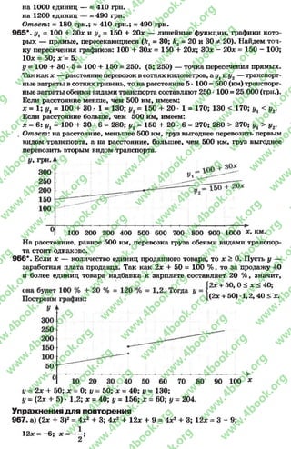 на 1000 единиц — « 410 грн.
на 1200 единиц — » 490 грн.
Ответ: » 180 грн.; * 410 грн.; » 490 грн.
965*. ух = 100 + 30* и у2 = 150 + 20* — линейные функции, графики кото­
рых — прямые, пересекающиеся (к1= 30; Л2= 20и 30 *20). Найдем точ­
ку пересечения графиков: 100 + 30* = 150 + 20*; 30* —20* = 150 —100;
10* = 5 0 ; * = 5 .
у = 100 + 30 * 5 = 100 + 150 = 250. (5; 250) — точка пересечения прямых.
Так как * — расстояниеперевозоквсотнях километров, а у 1и у2 — транспорт­
ные затраты в сотнях гривень, то на расстояние 5 ■100 = 500 (км) транспорт­
ные затраты обеими видами транспорта составляют 250 * 100 = 25 000 (грн.).
Если расстояние менше, чем 500 км, имеем:
X = 1; Ух= 100 + 30 •1 = 130; у2 = 150 + 20 - 1 = 170; 130 < 170; ух < у 2.
Если расстояние больше, чем 500 км, имеем:
* = 6: ух= 100 + 30 - 6 = 280; у2 = 150 + 20 •6 = 270; 280 > 270; уг > у2.
Ответ: на расстояние, меньшее 500 км, груз выгоднее перевозить первым
видом транспорта, а на расстояние, большее, чем 500 км, груз выгоднее
перевозить вторым видом транспорта.
На расстояние, равное 500 км, перевозка груза обеими видами транспор­
та стоит однаково.
966*. Если * — количество единиц проданного товара, то * > 0. Пусть у —
заработная плата продавца. Так как 2* + 50 = 100 % , то за продажу 40
и более единиц товара надбавка к зарплате составляет 20 %, значит,
{ ох + 50 о < х < 40*, - - ,
(2* + 50) •1,2, 40 < *-
у = 2* + 50; * = 0; у = 50; * = 40; у = 130;
у = (2* + 5) •1,2; * = 40; у = 156; * = 60; у - 204.
Упражнения д ля повторения
967. а) (2* + З)2= 4*2 + 3; 4*2 + 12* + 9 = 4*2 + 3; 12* = 3 - 9;
12* = -6 ; * = ;
2
rg
w
w
w
.4book.org
w
ook.org
w
w
w
.4book.org
w
w
w
.4
w
.4book.org
w
w
w
.4book.org
w
w
w
.4book.
w
w
w
.4book.org
w
w
w
.4book.org
w
w
w
.4book.org
org
w
w
w
.4book.org
w
w
w
.4book.org
w
w
w
.4book.org
book.org
w
w
w
.4book.org
w
w
w
.4book.org
w
w
w
.4book.org
w
w
.4book.org
w
w
w
.4book.org
w
w
w
.4book.org
w
w
w
.4book.org
w
w
w
.4book.org
w
w
w
.4book.org
w
w
w
.4book.org
w
w
w
.4book.or
w
w
w
.4book.org
w
w
w
.4book.org
w
w
w
.4book.org
w
w
w
.4boo
w
w
w
.4book.org
w
w
w
.4book.org
w
w
w
.4book.org
w
w
w
w
w
w
.4book.org
w
w
w
.4book.org
w
w
w
.4book.org
w
w
.4book.org
w
w
w
.4book.org
w
w
w
.4book.o
book.org
w
w
w
.4book.org
w
w
w
.4b
.org
w
w
w
.4book.org
w
w
w
w
w
.4book.org
 