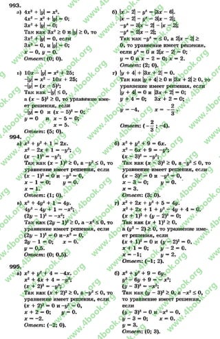 993.
a) 4jc2 + у= х2.
4х2 - х2 + у—О;
Зх2 + у= 0;
Так как Зх2 > 0 и |у|> 0, то
Зх2 + у—0, если
Зх2 = О, и у= О;
х = О, у = О.
Ответ: (О; О).
п) 10* - у—х2 + 25;
“Ы —х2 - 10х + 25;
“Ы = (* ~ 5)2;
Так как -у < О,
а (х - 5)2 > О, то уравнение име­
ет решения, если
-у ~ О и (* - 5)2 = О;
у = 0 и * - 5 = 0;
* = 5.
Ответ: (5; О).
994.
а) * 2 + у2 + 1 = 2*.
* 2 - 2* + 1 = - у2;
(* - I)2 = -у 2;
Так как (* - I)2 > 0, а —у2 < О, то
уравнение имеет решения, если
( * - 1 ) 2 = 0 и - у2 = О,
* - 1 = 0 ; у = О.
* — 1.
Ответ: (1; О).
в) х2 + 4i/2 + 1 = 4|/.
4|/2 - 4у + 1 = - * 2;
(2z/ - I)2 = - * 2;
Так как (2у - I)2> О, а - * 2< 0, то
уравнение имеет решения, если
(2у - I)2 = Ои -* 2 = О,
2у - 1 = О; * = 0.
У = 0,5.
Ответ: (О; 0,5).
995.
а) * 2 + у2 + 4 = -4 * .
* 2 + 4 * + 4 = -I/2;
(* + 2)2 = —у2; '
Так как (* + 2)2 > О, а - у2 < 0, то
уравнение имеет решения, если
(зс + 2)2 = 0 и - у 2 = 0,
* + 2 = 0; у = 0.
* —-2 .
Ответ: (-2 ; О).
б) |* - 2] - у* = |3* - б|.
 х - 2  - у < = 3х - 2|;
-у 4 = 3|х - 2| - |д; - 2|;
- 2х - 2|;
Так как - у4 = < 0, а 2|д: - 2|>
О, то уравнение имеет решения,
если у4 —0 и 2|* —2| = 0;
у = 0 й х - 2 = 0 ; х = 2.
Ответ: (2; 0).
г) (у + 4| + |3* + 2| = О.
Так как у + 4( > 0 и |3* + 2|> 0, то
уравнение имеет решения, если
у + 4|= Ои |3х + 2| = О;
у + 4 = 0; 3* + 2 = О;
2
Ответ: ( — ; -4).
3
б) * 2 + у2 + 9 = 6*.
* 2 - 6* + 9 = - у2;
(х - З)2 = -у 2; '
Так как (* - З)2 > 0, а -у 2 < О, то
уравнение имеет решения, если
(* - З)2 = Ои - у2 = О,
* - 3 = 0 ; у = 0.
* = 3.
Ответ: (3; 0).
г) * 2 + 2* + у2 + 5 = 4у.
х2 + 2* + 1 + у2 —4у + 4 = 0.
(* + I)2 + (у - 2)2 = О;
Так как (* + I)2 > О,
а (у2 - 2) > О, то уравнение име­
ет решения, если
(* + I)2 = 0 и ( у - 2)2 = О,
* + 1 = 0; I/ -* 2 = 0.
* = -1 ; у = 2.
Ответ: (-1 ; 2).
б) * 2 + у2 + 9 = 6у.
у2 - 6у + 9 = - * 2;
(у - З)2 = —* 2;
Так как (у - З)2 > О, а - * 2 < О,
то уравнение имеет решения,
если
( у - З)2 = Ои - * 2 = О,
I/ - 3 = 0; * —О.
У = 3.
Ответ: (0; 3).
rg
w
w
w
.4book.org
w
ook.org
w
w
w
.4book.org
w
w
w
.4
w
.4book.org
w
w
w
.4book.org
w
w
w
.4book.
w
w
w
.4book.org
w
w
w
.4book.org
w
w
w
.4book.org
org
w
w
w
.4book.org
w
w
w
.4book.org
w
w
w
.4book.org
book.org
w
w
w
.4book.org
w
w
w
.4book.org
w
w
w
.4book.org
w
w
.4book.org
w
w
w
.4book.org
w
w
w
.4book.org
w
w
w
.4book.org
w
w
w
.4book.org
w
w
w
.4book.org
w
w
w
.4book.org
w
w
w
.4book.or
w
w
w
.4book.org
w
w
w
.4book.org
w
w
w
.4book.org
w
w
w
.4boo
w
w
w
.4book.org
w
w
w
.4book.org
w
w
w
.4book.org
w
w
w
w
w
w
.4book.org
w
w
w
.4book.org
w
w
w
.4book.org
w
w
.4book.org
w
w
w
.4book.org
w
w
w
.4book.o
book.org
w
w
w
.4book.org
w
w
w
.4b
.org
w
w
w
.4book.org
w
w
w
w
w
.4book.org
 