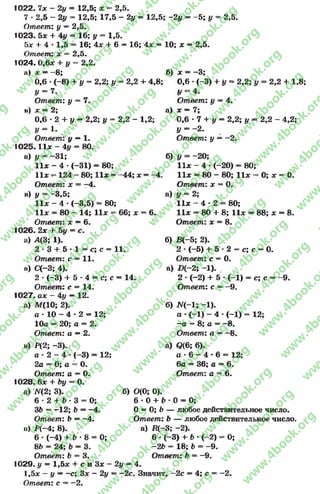 1022. 7* - 2у = 12,5; х = 2,5.
7 * 2,5 - 2у = 12,5; 17,5 - 2# - 12,5; -2# = -5 ; у = 2,5.
Ответ: у —2,5.
1023. 5* + 4у = 16; у = 1,5.
5* + 4 * 1,5 = 16; 4х + 6 —16; Ах = 10; х = 2,5.
Ответ: х = 2,5.
1024. 0,6л: + у = 2,2.
а) х —-8 ; б) х = -3 ;
0,6 *(-8) + у = 2,2; у = 2,2 + 4,8; 0,6 •(-3) + у « 2,2; у = 2,2 + 1,8;
у = 7. у = 4.
Ответ: у = 7. Ответ: у = 4.
и) л: = 2; а) * —7;
0,6 * 2! + у —2,2; I/ = 2,2 - 1,2; 0,6 * 7 + у = 2,2; у = 2,2 - 4,2;
У - 1-
Ответ: у —1.
1 0 2 5 .11л: - 4# = 80.
а) у = -3 1 ;
11л: - 4 * (-31) = 80;
И * ^ 124 - 80; 11л: = -4 4 ; л: = -4 .
Ответ: х = -4 .
в) у = -3,5;
11л: - 4 * (-3,5) = 80;
11л: = 80 - 14; 11* = 66; х = 6.
Ответ: х —6.
1026. 2* + 5у = е*
а) А(3; 1).
2 •3 + 5 •1 = с ; с = 11.
Ответ: с —11.
в) С (-3; 4).
2 * (-3) + 5 * 4 = с; с = 14.
Ответ: с —14.
1027. ах - 4у —12.
а) М(10; 2).
а * 10 - 4 * 2 = 12;
10а —20; а = 2.
Ответ: а —2.
У = -2 .
Ответ: у —-2 .
б) у = -2 0 ;
11л: - 4 *(-20) = 80;
11л: = 80 - 80; 11л: = 0; * = 0.
Ответ: х = О.
а) у = 2;
11л: —4 * 2 = 80;
11л: —80 + 8; 11* = 88; * = 8.
Ответ: * = 8.
б) В (-5; 2).
2 * (-5) + 5 - 2 - с; с = 0.
Ответ: с = О.
а) Х>(—2; -1 ). .
2 * (-2) + 5 * (-1) = с; с = -9 .
Ответ: с = —9.
б) Щ - 1; -1).
а *(-1) - 4 * (-1) - 12;
-а = 8; а = -8 .
Ответ: а —-8 .
а) <2(6; 6).
а •6 —4 * 6 = 12;
6а = 36; а = 6.
Ответ: а = 6.
в) Р{2 ; -3).
а •2 - 4 * (-3) = 12;
2а = О; а = О.
Ответ: а —О.
1028. 6* + Ьу = О.
а) ЛГ(2; 3).
6 2 + 6 * 3 = 0;
36 = - 1 2 ; 6 = - 4 .
Ответ: Ь —- 4 .
в) Р (-4 ; 8).
6 * ( - 4 ) + 6 * 8 = 0;
86 = 2 4 ; 6 = 3.
Ответ: 6 = 3. Ответ: 6 = -9 .
1029. у = 1 ,5 * + с и 3* - 2у —4.
1 ,5 * - у —-с ; 3* - 2у = - 2 с . Значит, - 2 с = 4 ; с = - 2 .
Ответ: с = - 2 .
б) 0(0; О).
6 * 0 + 6 0 = 0;
О= О; 6 — любое действительное число.
Ответ: 6 — любое действительное число,
а) Я (-3; -2).
6 * (-3 ) + 6 *(-2) = О;
-2 6 - 18; 6 = -9 .
rg
w
w
w
.4book.org
w
ook.org
w
w
w
.4book.org
w
w
w
.4
w
.4book.org
w
w
w
.4book.org
w
w
w
.4book.
w
w
w
.4book.org
w
w
w
.4book.org
w
w
w
.4book.org
org
w
w
w
.4book.org
w
w
w
.4book.org
w
w
w
.4book.org
book.org
w
w
w
.4book.org
w
w
w
.4book.org
w
w
w
.4book.org
w
w
.4book.org
w
w
w
.4book.org
w
w
w
.4book.org
w
w
w
.4book.org
w
w
w
.4book.org
w
w
w
.4book.org
w
w
w
.4book.org
w
w
w
.4book.or
w
w
w
.4book.org
w
w
w
.4book.org
w
w
w
.4book.org
w
w
w
.4boo
w
w
w
.4book.org
w
w
w
.4book.org
w
w
w
.4book.org
w
w
w
w
w
w
.4book.org
w
w
w
.4book.org
w
w
w
.4book.org
w
w
.4book.org
w
w
w
.4book.org
w
w
w
.4book.o
book.org
w
w
w
.4book.org
w
w
w
.4b
.org
w
w
w
.4book.org
w
w
w
w
w
.4book.org
 
