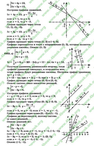 Гб*+ 4# = 13,
[Ззс + 5# = 13.
Построим графики уравнений.
5л* + 4у = 13; у = 13— - Х ;
4
«ели д; = 1, то у —2;
если х —5, то у —-3 .
График проходит через точки
(1; 2), (5; -3).
3* + 5у = 13;.у = ^ Ц - ^ ;
5
если х .—1, то у —2;
если х - -4 , то у = 5.
График проходит через точки (1; 2) и (-4 ; 5).
Графики пересекаются в точке с координатами (1; 2), которые являются
решением системы. Ответ: (1; 2).
1 У - 6,
1063. а)
2л; +
2
4х + у 12.
2лг+ - у = 6; у = 2(6 2ж); у = 12 - 4х; 4х + у = 12.
б)
&
Получили уравнение, равносильное второму, тогда
графики уравнений совпадают, и координаты всех
точек графика будут решениями системы. Построим график уравнения
4л: + у = 12.
у —12 —4л;; при л: = 3; у = 0; при л: = 2; # = 4.
График проходит через точки (3; 0) и (2; 4).
Ответ: система имеет множество решений.
У = -2,
Зх ~3у - 6.
Построим графики уравнений
х ~ У —“2; у = * + 2; если л: = 0, то у = 2;
если л: = -2 , то у —0.
График проходит через точки (0; 2), (-2 ; 0).
Зх - Зу = 6; у = 3уо--? ;
о
если л; = 0, то у —-2 ; если х —1, то у = -1 .
График проходит через точки (0; —2) и (1; -1).
Графики не пересекаются, поэтому система
не имеет решений.
Ответ: решений нет.
5х - 2 у = -3,
2л: —Зу = 1.
5л: - 2у = - 3; если х ——1, то у —-1 ; (—1; -1);
если х = 1, то у —4; (1; 4).
2х - Зу = 1; если л: = 2, то у = 1; (2; 1);
если * = —1, то у ——1; (-1 ; —1).
Ответ: (-1 ; -1).
в)
rg
w
w
w
.4book.org
w
ook.org
w
w
w
.4book.org
w
w
w
.4
w
.4book.org
w
w
w
.4book.org
w
w
w
.4book.
w
w
w
.4book.org
w
w
w
.4book.org
w
w
w
.4book.org
org
w
w
w
.4book.org
w
w
w
.4book.org
w
w
w
.4book.org
book.org
w
w
w
.4book.org
w
w
w
.4book.org
w
w
w
.4book.org
w
w
.4book.org
w
w
w
.4book.org
w
w
w
.4book.org
w
w
w
.4book.org
w
w
w
.4book.org
w
w
w
.4book.org
w
w
w
.4book.org
w
w
w
.4book.or
w
w
w
.4book.org
w
w
w
.4book.org
w
w
w
.4book.org
w
w
w
.4boo
w
w
w
.4book.org
w
w
w
.4book.org
w
w
w
.4book.org
w
w
w
w
w
w
.4book.org
w
w
w
.4book.org
w
w
w
.4book.org
w
w
.4book.org
w
w
w
.4book.org
w
w
w
.4book.o
book.org
w
w
w
.4book.org
w
w
w
.4b
.org
w
w
w
.4book.org
w
w
w
w
w
.4book.org
 