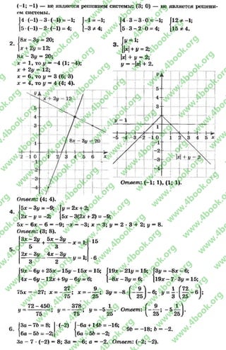 (-1; -1 ) — не является решением системы; (3; О) — не является решени­
ем системы
14 (-1) - 3 •(-1) = -1; |
( - 1 ) - 2 (-1) = 4; 1
18* - Зу = 20;
|* + 2у = 12;
8* - Зу = 20;
X = 1, то у = -4 (1; -4 )
х 4- 2у = 12;
л; = 6, то у —3 (6; 3)
х * 4Тто у = 4 (4; 4).
1 = -1;
'3 * 4 ; I:
4 -3 —3 •О= —1; | 1 2 *-1 ;
5 3 - 2 0 = 4; [1 5 * 4 .
Г!/ = 1;
[|л:|+ у = 2;
|*|+ у = 2;
у = -|*| + 2.
Зу 20
I Ответ: (-1 ; 1), (1; 1),
Ответ: (4; 4).
| 5*-З у = -9; Гу = 2дг+ 2;
[2* —у = -2; [5* -3 (2 * + 2) = -9;
5* - 6 * - 6 = -9 ; - * = -3 ; * = 3 ;у = 2 * 3 + 2 ;у = 8.
Ответ: (3; 8).
153* - 2у 5* - 3у .
у + —- - * = 1;
5 3
2* - Зу 4* - Зу
-У = 1;
3 2
9* —6у + 25* —15у —15* = 15;
4* —6у - 1 2 * + 9у —6у = 6;
27
Зу = -8 * - 6;
1 9 * -7 -З у = 15;
75* 27; * =
75
72 - 450
11= 75 ’ У
|Зо —7Ь = 8;
16а - 56 —-2;
; [19* —21у = 15; [
[-8 * - Зу = 6; [
9 в _ Г 9 ^ А 1 Г72 Л
; * ------; Зу = - 8 - ---------- 6; у —— --------6 ;
25 у у 2Ь) У 3 1,25 )
378 к 1 г, ( 9» У = -5 — . Ответ: I - — ; - 5 — .
75 25 V 25 25^
(-2) [-6а +146 = -16;
■6а - 56 = -2;
96 = -1 8 ; 6
За - 7 ■(-2) —8; За —-6 ; а = -2 . Ответ: (-2 ; -2).
rg
w
w
w
.4book.org
w
ook.org
w
w
w
.4book.org
w
w
w
.4
w
.4book.org
w
w
w
.4book.org
w
w
w
.4book.
w
w
w
.4book.org
w
w
w
.4book.org
w
w
w
.4book.org
org
w
w
w
.4book.org
w
w
w
.4book.org
w
w
w
.4book.org
book.org
w
w
w
.4book.org
w
w
w
.4book.org
w
w
w
.4book.org
w
w
.4book.org
w
w
w
.4book.org
w
w
w
.4book.org
w
w
w
.4book.org
w
w
w
.4book.org
w
w
w
.4book.org
w
w
w
.4book.org
w
w
w
.4book.or
w
w
w
.4book.org
w
w
w
.4book.org
w
w
w
.4book.org
w
w
w
.4boo
w
w
w
.4book.org
w
w
w
.4book.org
w
w
w
.4book.org
w
w
w
w
w
w
.4book.org
w
w
w
.4book.org
w
w
w
.4book.org
w
w
.4book.org
w
w
w
.4book.org
w
w
w
.4book.o
book.org
w
w
w
.4book.org
w
w
w
.4b
.org
w
w
w
.4book.org
w
w
w
w
w
.4book.org
 