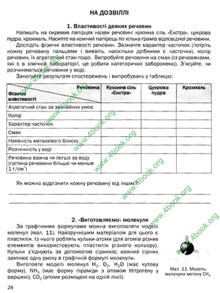 НА ДОЗВІЛЛІ
1. Властивості деяких речовин
Напишіть на окремих папірцях назви речовин: кухонна сіль «Екстра», цукрова
пудра, крохмаль. Насипте на кожний папірець по кілька грамів відповідної речовини.
Дослідіть фізичні властивості речовин. Зазначте характер часточок (потріть
кожну речовину пальцями і виявіть, наскільки дрібними є часточки), колір
речовин, їх агрегатний стан тощо. Випробуйте речовини на смак (із речовинами,
які є в хімічній лабораторії, це робити категорично заборонено). З ’ясуйте, чи
розчиняються речовини у воді.
Занотуйте результати спостережень і випробувань у таблицю:
Речовина
Фізичні
властивості
Кухонна сіль
«Екстра»
Цукрова
пудра
Крохмаль
Агрегатний стан за звичайних умов
Колір
Характер часточок
Смак
Наявність металевого блиску
Розчинність у воді
Речовина важча чи легша за воду
(густина речовини більше чи менше
1 г/см3
)
Як можна відрізнити кожну речовину від інших?
2. «Виготовляємо» молекули
За графічними формулами можна виготовляти моделі
молекул (мал. 11). Найзручнішим матеріалом для цього є
пластилін. Із нього роблять кульки-атоми (для атомів різних
елементів використовую ть пластилін різного кольору).
Кульки з ’єднують за допомогою сірників; кожний сірник
замінює одну риску в графічній формулі молекули.
Виготовте моделі молекул Н2, 02, Н20 (має кутову
форму), Г>Жз (має форму піраміди з атомом Нітрогену у
вершині), С02(атоми розміщені на одній лінії).
Мал. 11. Модель
молекули метану СН4
28
w
w
w
.
4
b
o
o
k
.
o
r
g
w
w
w
.
4
b
o
o
k
.
o
r
g
w
w
w
.
4
b
o
o
k
.
o
r
g
w
w
w
.
4
b
o
o
k
.
o
r
g
w
w
w
.
4
b
o
o
k
.
o
r
g
w
w
w
.
4
b
o
o
k
.
o
r
g
w
w
w
.
4
b
o
o
k
.
o
r
g
твердий твердий твердий
білий білий білий
кристалики порошок порошок
солоний солодкий без смаку
немає немає немає
висока висока мала
важча
за воду
важчий
за воду
Сіль і цукор - по смаку. Крохмаль без смаку - але він нерозчинний у
холодній воді, а сіль та цукрова пудра - розчинні.
важчий
за воду
 