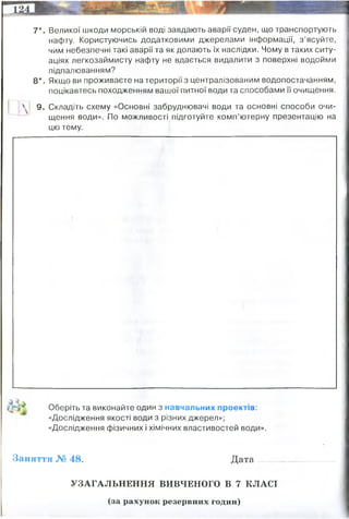 7*. Великої шкоди морській воді завдають аварії суден, що транспортують
нафту. Користуючись додатковими джерелами інформації, з’ясуйте,
чим небезпечні такі аварії та як долають їх наслідки. Чому в таких ситу­
аціях легкозаймисту нафту не вдається видалити з поверхні водойми
підпалюванням?
8*. Якщо ви проживаєте на території з централізованим водопостачанням,
поцікавтесь походженням вашої питної води та способами її очищення.
9. Складіть схему «Основні забруднювачі води та основні способи очи­
щення води». По можливості підготуйте комп’ютерну презентацію на
цю тему.
Оберіть та виконайте один з навчальних проектів:
«Дослідження якості води з різних джерел»;
«Дослідження фізичних і хімічних властивостей води».
Заняття № 48. Дата
УЗАГАЛЬНЕННЯ ВИВЧЕНОГО В 7 КЛАСІ
(за рахунок резервних годин)
основні забруднювачі
води
основні методи очищення
води
механічні фізико-хімічні сорбційні біологічні (активний
мул)
хімічна промисловість
важка промисловість
АПК(аграрний
сектор)
Харчова
прмисловість
(металургія, ТЕЦ,
шахти тощо)
 