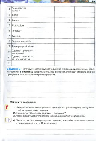 ■ . Який дослід ілюструє перехід води з твердого стану в рідкий, а з
нього — в газоподібний?_________________________________________
Що називають дифузією? Наведіть приклад.
Досліджуємо на уроці:
ЛАБОРАТОРНИЙ ДОСЛІД №1
ОЗНАЙОМЛЕННЯ З ФІЗИЧНИМИ ВЛАСТИВОСТЯМИ РЕЧОВИН
Завдання 1. Ознайомтеся з назвами виданих вам речовин і перепишіть їх.
Завдання 2. Розгляньте кожну з речовин, з ’ясуйте, по можливості, якнай­
більше її фізичних властивостей. Для цього проведіть спостереження, а також
скористайтесь інформаційними джерелами. Опис спостережень запишіть.
№
Фізичні
властивості
речовин
Речовини
1
Температура
плавлення
2
Температура
кипіння
3 Колір
4 Запах
5 Прозорість
6 Твердість
7 Густина
8 Теплопровідність
9 Електропровідність
10
Здатність розчиня­
тись у воді
11
Здатність притягу­
ватися магнітом
12
Завдання 3. Згрупуйте розглянуті речовини за їх спільними фізичними влас­
тивостями. У висновку сформулюйте, яке значення для людини мають знання
про фізичні властивості конкретних речовин.
Перевірте свої знання
1. Які фізичні властивості речовин вам відомі? Проілюструйте кожну влас­
тивість прикладами речовин.
2. Навіщо потрібно знати властивості речовин?
3. Чому акваріуми виготовляють із скла, а не заліза чи алюмінію?
^ 4. Укажіть, із якого матеріалу — порцеляни, алюмінію, скла — виготовля­
ють електричні дроти. Поясніть чому.
біло-сірі кристали червоно-оранжевого білий
відсутній відсутній відсутній
непрозора непрозора непрозора
тверда крихка
крихка
1413 2480 К
2.74 г/см³
8,96 г/см³
2,165 г/см³
добре нерозчиняється практично не
розчиняється
нема нема нема
висока
висока
у водному розчині нема
мала
сухий - ні
мала
смак солоний нема нема
крейда і сіль - крихкі, мідь - тверда. кухонна сіль (тверда) і крейда - не проводять електричний
струм
а мідь - проводить. Усі разом не мають запаху, усі не притягуються магнітом.
Фізичні властивості дають змогу передбачити поведінку речовии, її характеристику за різних
умов. Знання про фізичні властивості пригодяться у побуті, промисловості (електропровідність
тощо).
з алюмінію: алюміній проводить струм, скло і порцеляна - ні.
 