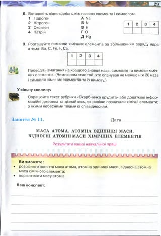 8. Встановіть відповідність між назвою елемента і символом.
1 Гідроген А №
2 Нітроген Б N
3 Оксиген В Н
4 Натрій Г О
Д Нд
9. Розташуйте символи хімічних елементів за збільшенням заряду ядра
атома: Ва, С, Ре, Р
, Са.
Проведіть змагання на кращого знавця назв, символів та вимови хіміч­
них елементів. (Чемпіоном стає той, хто опанував не менше ніж 20 назв
і символів хімічних елементів та їх вимову.)
У вільну хвилину:
Опрацюйте текст рубрики «Скарбничка ерудита» або додаткові інфор­
маційні джерела та дізнайтесь, як раніше позначали хімічні елементи;
з якими небесними тілами їх співвідносили.
Заняття № 11. Д ата............................
МАСА АТОМА. АТОМНА ОДИНИЦЯ МАСИ.
ВІДНОСНІ АТОМНІ МАСИ ХІМІЧНИХ ЕЛЕМЕНТІВ
Результати вашої навчальної праці
І У и и и и и и и ц у и и и и и и и и и о и и и и и о т
Ви зможете:
• розрізняти поняття маса атома, атомна одиниця маси, відносна атомна
маса хімічного елемента;
• порівнювати масу атомів
Ваш конспект:
 