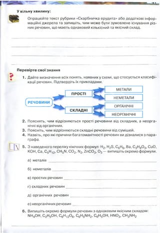 У І і.--'
У вільну хвилину:
Опрацюйте текст рубрики «Скарбничка ерудита» або додаткові інфор­
маційні джерела та запишіть, чим може бути зумовлене існування різ­
них речовин, що мають однаковий кількісний та якісний склад.
Перевірте свої знання
1. Дайте визначення всіх понять, наявних у схемі, що стосується класифі­
кації речовин. Підтвердіть їх прикладами.
^РЕЧОВИНИ ^
ПРОСТІ
СКЛАДНІ
МЕТАЛИ
НЕМЕТАЛИ
ОРГАНІЧНІ
НЕОРГАНІЧНІ
2. Пояснять, чим відрізняються прості речовини від складних, а неорга­
нічні від органічних.
3. Поясніть, чим відрізняються складні речовини від сумішей.
4. Назвіть, про які причини багатоманітності речовин ви дізналися з пара­
графа.
5. З наведеного переліку хімічних формул: Н2, Н2Б, С6Н6, Ва, С3Н80 3, СиО,
КОН, Са, С5Н12, СН5ІІ, С 02, ІІ2, гп С 0 3, 0 3 — в и п и ш і т ь окремо формули.
а) металів_____________________________________________________
б) неметалів
в)простих речовин
г) складних речовин
д) органічних речовин
е) неорганічних речовин
6. Випишіть окремо формули речовин з однаковим якісним складом:
ІМН4ОН, С2Н5ОН, С6Н120 6, С6Н5МН2, С6Н5ОН, НІМ03, СН3МН2
Різними зв"язками, що утворені між одними і тими ж атомами у сполуці. (Тобто різна
форма. кристалічна гратка, молекулярна будова). Також дія на них (коли утворювались)
різних критичних фізичних явищ (тиску, температури)
 