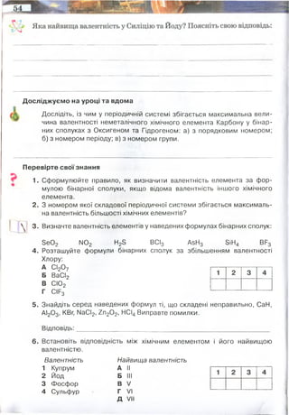 Досліджуємо на уроці та вдома
Дослідіть, із чим у періодичній системі збігається максимальна вели­
чина валентності неметалічного хімічного елемента Карбону у бінар­
них сполуках з Оксигеном та Гідрогеном: а) з порядковим номером;
б) з номером періоду; в) з номером групи.
Перевірте свої знання
1. Сформулюйте правило, як визначити валентність елемента за фор­
мулою бінарної сполуки, якщо відома валентність іншого хімічного
елемента.
2 . З номером якої складової періодичної системи збігається максималь­
на валентність більшості хімічних елементів?
 3. Визначте валентність елементів у наведених формулах бінарних сполук:
ЭеОз N02 ^ 2^ ВСІ3 АэНз ЗіН4 ВЯз
4. Розташуйте формули бінарних сполук за збільшенням валентності
Хлору:
А СІ20 7
Б ВаСІ2
В сю2
Г СІРз
5. Знайдіть серед наведених формул ті, що складені неправильно, СаН,
АІ20 3, КВг, N30^, ^п20 2, НСІ4 Виправте помилки.
1 2 3 4
Відповідь:
6. Встановіть відповідність між хімічним елементом і його найвищою
валентністю.
Валентність Найвища валентність
1 Купрум А II
2 Йод Б III
3 Фосфор В V
4 Сульфур Г VI
Д VII
У йоду. Бо йод - належить VII групі, у головній підгрупі.Його валентність - VII
а сіліціум - належить IV групі, головної підгрупи, тому його валентність - IV
IV II IV II I II III I III I IV I III I
 