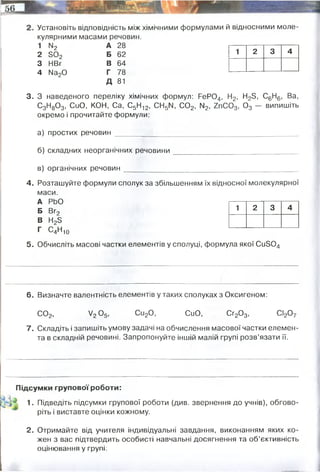 Установіть відповідність між хімічними формулами й відносними моле­
кулярними масами речовин.
1
2
3
4
Ы
2
30 2
НВг
Иа20
А 28
Б 62
В 64
Г 78
Д 81
1 2 3 4
3. З наведеного переліку хімічних формул: РеР04, Н2, Н23, С6Н6, Ва,
С3Н80 3, СиО, КОН, Са, С5Н12, СН5М, С02, ІЧ2, гпС 0 3, 0 3 — в и п и ш і т ь
окремо і прочитайте формули:
а) простих речовин ________________________________________ _
б) складних неорганічних речовини
в) органічних речовин____________
4. Розташуйте формули сполук за збільшенням їх відносної молекулярної
маси.
А
Б
РЬО
Вг9
В Н2Э
г С4Н10
1 2 3 4
5. Обчисліть масові частки елементів у сполуці, формула якої Си304
6. Визначте валентність елементів у таких сполуках з Оксигеном:
С 02, V2 05, Си20, СиО, Сг20 3, СІ20 7
7. Складіть і запишіть умову задачі на обчислення масової частки елемен­
та в складній речовині. Запропонуйте іншій малій групі розв’язати її.
Підсумки групової роботи:
ті З
І
1. Підведіть підсумки групової роботи (див. звернення до учнів), обгово­
ріть і виставте оцінки кожному.
2. Отримайте від учителя індивідуальні завдання, виконанням яких ко­
жен з вас підтвердить особисті навчальні досягнення та об’єктивність
оцінювання у групі:
Mr=160 w(Cu)=64/160=0,4
w(S)=32/160=0,2
w(O) = 16x4/160=0,4
IV II V II I II II II III II VII II
Обчисліть масові чатки ртуті і оксигену у сполуці сульфат ртуті(II).
 