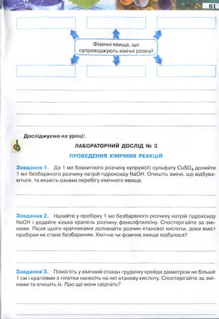 А
Фізичні явища, що
супроводжують хімічні реакції
Досліджуємо на уроці:
! | ЛАБОРАТОРНИЙ ДОСЛІД № З
ПРОВЕДЕННЯ ХІМІЧНИХ РЕАКЦІЙ
Завдання 1. До 1 мл блакитного розчину купрум(ІІ) сульфату Си304 долийте
1 мл безбарвного розчину натрій гідроксиду №ОН. Опишіть зміни, що відбува­
ються, та вкажіть ознаки перебігу хімічного явища.
Завдання 2. Налийте у пробірку 1 мл безбарвного розчину натрій гідроксиду
МаОН і додайте кілька крапель розчину фенолфталеїну. Спостерігайте за змі­
нами. Після цього краплинами доливайте розчин етанової кислоти, доки вміст
пробірки не стане безбарвним. Хімічне чи фізичне явище відбулося?
Завдання 3. Помістіть у хімічний стакан грудочку крейди діаметром не більше
1 см і краплями з піпетки нанесіть на неї етанову кислоту. Спостерігайте за змі­
нами та опишіть їх. Про що вони свідчать?
виділення тепла виділення світла зміна забарвлення
зміна запаху зміна смаку зміна
консистенції(агрегатног
о стану)
гідрокисид купруму - випаде в осад
Колір стане малиновим. Взаємодія індикаторів з лугом - фізичне. Додавання етанової
кислоти до лугу - хімічне. Взаємодія кислоти (надлишку) з індикатром(безбарвний
колір) - знову фізичне.
утворення бульбашок вуглекислого газу. Явище хімічне
 