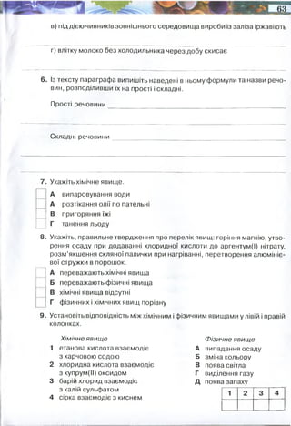 в) під дією чинників зовнішнього середовища вироби із заліза іржавіють
г) влітку молоко без холодильника через добу скисає
6. Із тексту параграфа випишіть наведені в ньому формули та назви речо­
вин, розподіливши їх на прості і складні.
Прості речовини _______
Складні речовини
7. Укажіть хімічне явище.
А випаровування води
А розтікання олії по пательні
В пригоряння їжі
Г танення льоду
8. Укажіть, правильне твердження про перелік явищ: горіння магнію, утво­
рення осаду при додаванні хлоридної кислоти до аргентум(І) нітрату,
розм’якшення скляної палички при нагріванні, перетворення алюмініє­
вої стружки в порошок.
А переважають хімічні явища
Б переважають фізичні явища
В хімічні явища відсутні
Г фізичних і хімічних явищ порівну
9. Установіть відповідність між хімічним і фізичним явищами у лівій і правій
колонках.
Хімічне явище Фізичне явище
1 етанова кислота взаємодіє А випадання осаду
з харчовою содою Б зміна кольору
2 хлоридна кислота взаємодіє В поява світла
з купрум(ІІ) оксидом Г виділення газу
3 барій хлорид взаємодіє д поява запаху
з калій сульфатом
4 сірка взаємодіє з киснем
хімічне
хімічне
наприклад:
 