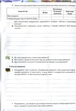 7. Зміни кольору індикаторів у розчинах різних речовин запишіть в таблицю.
Індикатор
Речовини
Вода
Етанова
кислота
Харчова
сода
Метилоранж
Універсальний індикаторний папір
Для візуалізації результатів зафарбуйте комірки таблиці у відповідні
кольори.
8.* Ознайомтеся і запишіть назви таблиць і стендів кабінету хімії вашої
школи.
4
. 1. Як слід поводитись у хімічному кабінеті?
2. Які існують правила безпеки під час роботи в хімічному кабінеті?
3. Що означають конкретні позначення на посуді з речовинами?
У вільну хвилину:
• Опрацюйте текст рубрики «Скарбничка ерудита» або додаткові інфор­
маційні джерела та занотуйте, з яких кімнат складається шкільний хі­
мічний кабінет та призначення кожної з них.
• Поцікавтесь, що входить до складу аптечки першої невідкладної допо­
моги, наявної у шкільному хімічному кабінеті.
оранжевий рожевий жовтий
жовто-зелений червоний синій
Таблиці розчинносі речовин, таблиця Менделєєва
Хімічний кабінет - це комплекс приміщень, що складається як мінімум з двох кімнат: класу-
лабораторії і лаборантской кімнати, обладнаних усім необхідним для навчання хімії. У класі-
лабораторії (площею 70-72 М51) проводяться уроки, а в лаборантской кімнаті (площею від 16 м2)
працюють лаборант і вчитель, готуючи до уроку все необхідне. У лаборантской кімнаті зберігається
основна частина реактивів, матеріалів, посуду, інструментів та іншого об-ладнання. Учням доступ в
лаборантську кімнату повинен бути заборонений
 