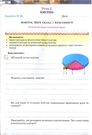 Тема 2.
КИСЕНЬ
Заняття № 25. Дата -------------
ПОВІТРЯ, ЙОГО СКЛАД І ВЛАСТИВОСТІ
Результати вашої навчальної праці
К Ш У о о и и о и и о о о и и и о и и и и и и о и о Щ Д
Ви зможете:
• характеризувати фізичні властивості повітря;
• називати якісний та кількісний склад повітря;
• пояснювати, як дослідним шляхом установити наявність і вміст кисню в
повітрі
1 2 3 4
Фізичні властивості повітря
Як пов’язані зі складом повітря виникнення вранішньої роси та
туману?
Пригадайте, які речовини називають органічними. Чи є вони серед
компонентів повітря?
1-вуглекислий газ (0,04%)
2-інші гази, включаючи інертні (близько 1%)
3- кисень -21%
4- азот - 78%
Повітря містить не лише гази(кисень, азот, вуглекислий газ),а й певну кількість
водяної пари, що при охолодженні конденсується (роса), або навпаки, з землі
випаровується в повітря (туман)
температуру, вологість, рухливість повітря, атмосферний тиск, електричний стан,
сонячну радіацію
включають:
дуже й дуже мало, але є (леткі органічні речовини, пилок рослин)
 