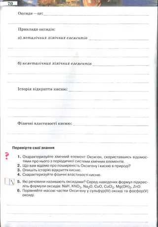 Оксиди— це:
Приклади оксидів:
а) м ет алічних х ім іч н и х елементів
б) немет алічних х ім іч н и х елементів
Історія відкриття кисню:
Фізичні властивості кисню:
Перевірте свої знання
1. Охарактеризуйте хімічний елемент Оксиген, скориставшись відомос­
тями про нього з періодичної системи хімічних елементів.
2. Що вам відомо про поширеність Оксигену і кисню в природі?
3. Опишіть історію відкриття кисню.
4. Схарактеризуйте фізичні властивості кисню.
[ 5. Які речовини називають оксидами? Серед наведених формул підкрес­
літь формули оксидів: №Н, КІІ03, Иа20, СиО, СиСІ2, Мд(ОН)2, гпО.
6. Порівняйте масові частки Оксигену у сульфур(ІУ) оксиді та фосфор(У)
оксиді.
7. Складіть формули оксидів за валентністю елементів:
I III VII IV
N ___ Р СІ N_
_
На підставі одержаних знань про повітря і кисень, висловіть судження
про значення провітрювання класної кімнати. Спершу визначте її об’єм
та обчисліть масу кисню, що перебуває в ній. Зважаючи на те, що лю­
дина в середньому за добу споживає 700 г кисню, з’ясуйте приблизну
масу кисню, яку учні вашого класу вдихають за 6 годин перебування в
класі. На скільки діб вистачило б цього кисню вашим однокласникам у
разі повної герметизації вікон і дверей класної кімнати?
У вільну хвилину:
Опрацюйте текст рубрики «Скарбничка ерудита» або додаткові інфор­
маційні джерела, з ’ясуйте та спробуйте пояснити походження різних
назв кисню, що існували раніше.
Заняття № 27. Д а та ...................................
ЗАКОН ЗБЕРЕЖЕННЯ МАСИ РЕЧОВИН
ПІД ЧАС ХІМІЧНИХ РЕАКЦІЙ
Результати вашої навчальної праці
і и о и о о о и и о и и о и и о ц о !Л! о о о о и о о о !
Ви зможете:
• пізнати сутність одного з основних законів хімії — закону збереження
маси речовин;
• пояснювати сутність закону збереження маси речовин
Ваш конспект:
бінарні сполуки, один компонентів якого є обов"язково оксиген
774 р. — Дж. Прістлі добув кисень розкладом меркурій(ІІ) оксиду. Усе ж головні особи в
історії відкриття кисню не К. В. Шеєле і не Дж. Прістлі. Вони відкрили новий газ — кисень,
Особливе значення в історії відкриття кисню мають праці А. Лавуазьє. Він (1775 р.)
встановив, що кисень — складова частина повітря, створив кисневу теорію горіння (за 200
років вона не тільки не була спростована, а й отримала безліч підтверджень своєї
правильності)
Кисень — безбарвний газ без запаху і смаку. При температурі —183° С він скрапляється у
рідину голубуватого кольору, яка при —218,7° С замерзає в синю кристалічну масу.
Розчинність кисню у воді невелика і при звичайній температурі становить всього 3,1 см³ в
100 г води. У продаж кисень поступає в сталевих балонах під тиском приблизно 150 атм.
w(O)=32/64=0,5 w(O)=80/142=0,56
 