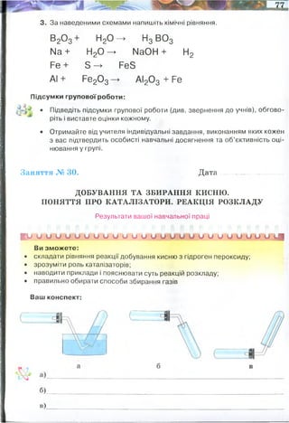 3. За наведеними схемами напишіть хімічні рівняння.
В2О3 + Н2О —
* Нд ВОд
N 8 + Н20 ^ МаОН + Н2
Ре + Б —
> Рев
АІ + Ре20 3—
>
• АІ20 3 + Ре
Підсумки групової роботи:
• Підведіть підсумки групової роботи (див. звернення до учнів), обгово­
ріть і виставте оцінки кожному.
• Отримайте від учителя індивідуальні завдання, виконанням яких кожен
з вас підтвердить особисті навчальні досягнення та об’єктивність оці­
нювання у групі.
Заняття № ЗО. Д а та ......................................
ДОБУВАННЯ ТА ЗБИРАННЯ КИСНЮ.
ПОНЯТТЯ ПРО КАТАЛІЗАТОРИ. РЕАКЦІЯ РОЗКЛАДУ
Результати вашої навчальної праці
І Р О U U U O U U U < J U < J U < J U U U O U U < J U а о о и ии
Ви зможете:
• складати рівняння реакції добування кисню з гідроген пероксиду;
• зрозуміти роль каталізаторів;
• наводити приклади і пояснювати суть реакцій розкладу;
• правильно обирати способи збирання газів
Ваш конспект:
б)
в)
збирання кисню витісненням води
збирання кисню витісненням повітря
так само
 