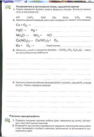 Потренуйтеся у застосуванні знань, працюючи групою
^ 1. Серед наведених формул укажіть формули оксидів. Визначте валент­
ність в них елементів
HCl СаСІ2 CaO CS2 Ві20 3 V20 5 AsH3
2. Закінчіть рівняння реакцій, розставте коефіцієнти, вкажіть типи реакцій.
Cu + 0 2 -» ______ ___________________
НдО —
> Нд + ____ __________________________
NH4CI-+ NH3 + HCl________________________
Ca(N03)2—
> Ca(N02)2+ 0 2,____________________
Ba + 0 2—> (барійоксид),______________________ _
3. Обчисліть, в якій із наведених формул — СаС03, С02, С6Н120 6 — масо­
ва частка Оксигену найбільша
4. Напишіть рівняння хімічних реакцій кисню з натрієм, сіркою(І/), етаном
(С2Н6). Назвіть продукти реакцій:
Підсумки групової роботи:
І 1. Підведіть підсумки групової роботи (див. звернення до учнів), обгово­
ріть і виставте оцінки кожному.
2. Отримайте від учителя індивідуальні завдання, виконанням яких кожен
з вас підтвердить особисті навчальні досягнення та об’єктивність оці­
нювання у групі.
II II III II V II
сполучення
розкладу
розкладу
розкладу
сполучення
w(O)=48/100=0,48 w(O)=32/44=0,72 w(O)=96/180=0,53
Найбільша у вуглекислому газі.
оксид натрію
двоокис сірки
вуглекислий газ і вода
 