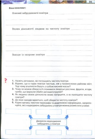 Ваш конспект:
Основні забруднювачі повітря
Вплив діяльності людини на чистоту повітря
Заходи із охорони повітря
1. Назвіть речовини, які погіршують чистоту повітря.
2. Відомо, що в горах повітря чистіше, ніж у промислових районах міст.
Тоді чому альпіністи беруть з собою кисневі маски?
3. Чому не можна збирати й споживати лікарські рослини, фрукти, ягоди,
гриби, що виросли обабіч автомагістралей?
4. Як людина своєю діяльністю може погіршити, а як поліпшити чистоту
повітря?
5. До яких заходів вдаються, щоб зберегти чистоту повітря?
6. Користуючись текстом параграфа та додатковою інформацією, запропо­
нуйте, які з надходжень забруднень у повітря можна розмістити у схемі:
_ м
1
У
Джерела надходження
забруднень у повітря
* *
вихлопні гази, електростанції (теплові)
звалища сміття і його тління
Вкрай негативна. Людина і урбанізація - основний чинникзабруднення
повітря,
починаючи з 18 ст.
Квоти на викид газів підриємствами
Штрафування неекологічних підприємств
зниження податків для підприємств, що дбають про довкілля
теплові електростанції вихлопні гази тління сміттєзвалищ
виверження вулканів (попіл) промислові підприємства вирубка лісів - як чинник,
що усугубляє ситуацію
 