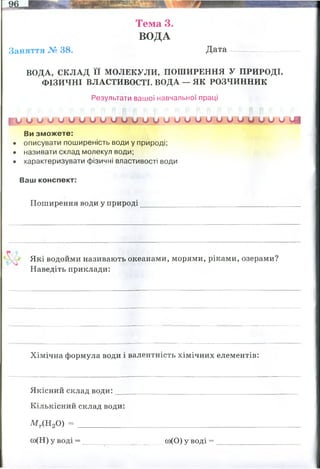 Заняття № 38.
Тема 3.
ВОДА
Дата
ВОДА, СКЛАД її МОЛЕКУЛИ, ПОШИРЕННЯ У ПРИРОДІ,
ФІЗИЧНІ ВЛАСТИВОСТІ. ВОДА — ЯК РОЗЧИННИК
Результати вашої навчальної праці
і и и и и и и и и и и и и и и и и и и и и о и и и и и і З
Ви зможете:
• описувати поширеність води у природі;
• називати склад молекул води;
• характеризувати фізичні властивості води
Ваш конспект:
Поширення води у природі_______________________________________ __
Які водойми називають океанами, морями, ріками, озерами?
Наведіть приклади:
Хімічна формула води і валентність хімічних елементів:
Якісний склад води:__
Кількісний склад води:
М г(Н20) = _
со(Н) у воді = ю(О) у воді =
. Рослини та тварини містять понад 60 % води за масою. На Землі водою покрито 70,9 %
поверхні.
Море — частина океану, яка відокремлена від нього суходолом(Чорне, Середземне,
Саргасове)
Океан - водний простір земної кулі за межами суходолу(Тихий, Північно Льодовитий,
Атлантичний, Індійський). Моря і океани - солоні.
Річка (або ріка) — природний водний потік, який витікає з джерел чи з озера, болота
(рідше) -Дніпро, Ніл, Амазонка
Озера - природна водойма повільного водообміну, розташована в заглибинах суходолу і
не пов'язана протоками з морями чи океанами.
1 атом оксигену, 2 атома гідрогену
18
2/18= 0,11 16/18=0, 89
 