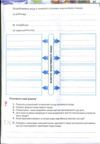 ■ ш я ж
Перебування води у природі у різних агрегатних станах:
а) рідкому:____ _ _ _ ________________________ _________ _
б) твердому:
в) пароподібному:
5
сг
О
ш
н
о
о
ш
I-
о
<
с;
с
о
X
т
(0
>
ё
Перевірте свої знання
1. Поясніть кількісний та якісний склад молекули води.
2. Назвіть фізичні властивості води.
3. Поміркуйте, чому водойми зазвичай не промерзають до дна.
4. Для яких із явищ природи й повсякденного життя значущими є власти­
вості води?
5. Який хімічний елемент у складі води має більшу масову частку?
6. Наведіть приклади використання здатності води розчиняти речовини,
що не повторюють приклади підручника.
річки, озера, підземні води
льодовики на Полюсах, льодовики гір, сніг
хмари, туман
безбарвна
без смаку
без запаху
існує в 3 агрегатних станах
замерзає при 0 С
кипить при 100 С
при охолодженні розширюється
(на відміну від інших рідин)
велика питома теплоємність
є полярним розчинником
чиста вода - прозора
утворює водневі зв"язки
Найбільшу густину вода має при
+4°С
густина = 1г/cм3
широко поширена у природі
розчиняє солі -тому вода має мароелементи і мікроелементи, що необхідні для
оранізму людини, і їх не потрібно окремо для цього їсти ці солі.
 