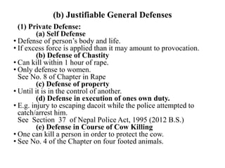(b) Justifiable General Defenses
(1) Private Defense:
(a) Self Defense
• Defense of person’s body and life.
• If excess fo...