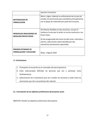 ejecutar el proyecto

                                   Marco Lógico. Además la conformación de círculos de
METODOLOGIA DE                     estudio con alumnos/as para atenderlos principalmente,
FORMULACION                        con el apoyo de materiales por parte de la escuela.



                                   50 niños/as divididos en dos secciones, una por la
                                   mañana y la otra por la tarde, en turnos contrarios a sus
PRINCIPALES INDICADORES DE
                                   horas clases.
MEDICION PROYECTADOS
                                   Se han programado dos horas los días lunes, miércoles y
                                   viernes, cada sección estará atendida por dos
                                   voluntarios previamente capacitados

PERIODO ESTIMADO DE
FORMULACION Y EJECUCION            Mayo a Agosto 2010



10- Conclusiones.


    1. El proyecto se encuentra ya en avanzada solo para ejecutarse.
    2. Están seleccionadas definidas las personas que van a participar como
        facilitadores/as
    3. Seleccionaron los 4 voluntarios que van a tender las secciones y están listos los
        alumnos/as que irán a las prácticas den náhuatl.




11.- Formulación de los objetivos preliminares del proyecto social.



OBJETIVO: Diseñar los objetivos preliminares del proyecto.




                                           17
 