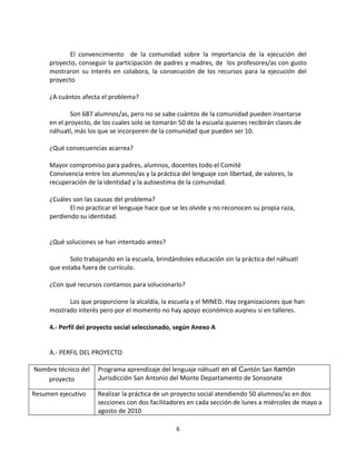 El convencimiento de la comunidad sobre la importancia de la ejecución del
     proyecto, conseguir la participación de padres y madres, de los profesores/as con gusto
     mostraron su interés en colabora, la consecución de los recursos para la ejecución del
     proyecto

     ¿A cuántos afecta el problema?

             Son 687 alumnos/as, pero no se sabe cuántos de la comunidad pueden insertarse
     en el proyecto, de los cuales solo se tomarán 50 de la escuela quienes recibirán clases de
     náhuatl, más los que se incorporen de la comunidad que pueden ser 10.

     ¿Qué consecuencias acarrea?

     Mayor compromiso para padres, alumnos, docentes todo el Comité
     Convivencia entre los alumnos/as y la práctica del lenguaje con libertad, de valores, la
     recuperación de la identidad y la autoestima de la comunidad.

     ¿Cuáles son las causas del problema?
            El no practicar el lenguaje hace que se les olvide y no reconocen su propia raza,
     perdiendo su identidad.


     ¿Qué soluciones se han intentado antes?

            Solo trabajando en la escuela, brindándoles educación sin la práctica del náhuatl
     que estaba fuera de currículo.

     ¿Con qué recursos contamos para solucionarlo?

           Los que proporcione la alcaldía, la escuela y el MINED. Hay organizaciones que han
     mostrado interés pero por el momento no hay apoyo económico auqneu sí en talleres.

     4.- Perfil del proyecto social seleccionado, según Anexo A


     A.- PERFIL DEL PROYECTO

Nombre técnico del    Programa aprendizaje del lenguaje náhuatl en el Cantón San Ramón
   proyecto           Jurisdicción San Antonio del Monte Departamento de Sonsonate

Resumen ejecutivo     Realizar la práctica de un proyecto social atendiendo 50 alumnos/as en dos
                      secciones con dos facilitadores en cada sección de lunes a miércoles de mayo a
                      agosto de 2010

                                                  6
 