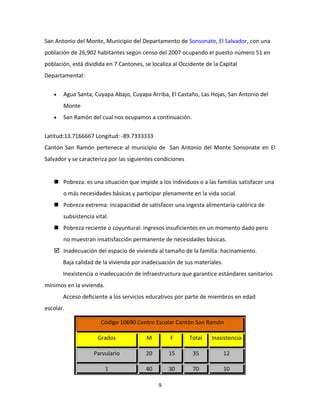 San Antonio del Monte, Municipio del Departamento de Sonsonate, El Salvador, con una
población de 26,902 habitantes según censo del 2007 ocupando el puesto número 51 en
población, está dividida en 7 Cantones, se localiza al Occidente de la Capital
Departamental:

   •   Agua Santa, Cuyapa Abajo, Cuyapa Arriba, El Castaño, Las Hojas, San Antonio del
       Monte
   •   San Ramón del cual nos ocupamos a continuación.


Latitud:13.7166667 Longitud: -89.7333333
Cantón San Ramón pertenece al municipio de San Antonio del Monte Sonsonate en El
Salvador y se caracteriza por las siguientes condiciones


    Pobreza: es una situación que impide a los individuos o a las familias satisfacer una
       o más necesidades básicas y participar plenamente en la vida social.
    Pobreza extrema: incapacidad de satisfacer una ingesta alimentaria-calórica de
       subsistencia vital.
    Pobreza reciente o coyuntural: ingresos insuficientes en un momento dado pero
       no muestran insatisfacción permanente de necesidades básicas.
    Inadecuación del espacio de vivienda al tamaño de la familia: hacinamiento.
       Baja calidad de la vivienda por inadecuación de sus materiales.
       Inexistencia o inadecuación de infraestructura que garantice estándares sanitarios
mínimos en la vivienda.
       Acceso deficiente a los servicios educativos por parte de miembros en edad
escolar.

                      Código 10690 Centro Escolar Cantón San Ramón

                     Grados              M        F        Total   Inasistencia

                   Parvulario            20       15        35           12

                          1              40       30        70           10

                                              9
 