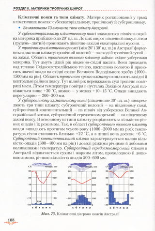 РОЗДІЛ II. МАТЕРИКИ ТРОПІЧНИХ ШИРОТ
Кліматичні пояси та типи клімату. Материк розташований у трьох
кліматичних поясах: субекваторіальному, тропічному й субтропічному.
• За малюнком 73 визначте типи кліматуАвстралії.
У субекваторіальному кліматичному поясі знаходиться північна окраї­
на материка приблизно до 20° пд. ш. До цих широт південної півкулі літом
(грудень-лютий) проникають північно-західні екваторіальні мусони.
У тропічному кліматичномупоясі (між 20°і30°пд. ш.) вАвстралії форму­
ються два типи клімату: тропічний вологий —на сході й тропічний сухий —
на заході. Область тропічного вологого клімату займає східне узбережжя
материка. Тут дмуть цілий рік південно-східні пасати. Вони проходять
над теплою Східноавстралійською течією, насиченою вологою й прино­
сять значні опади на східні схили Великого Вододільного хребта (1000—
1500 мм на рік). Область тропічного сухого клімату охоплюють західні й
центральні райони поясу. Тут цілий рік переважають сухі тропічні повіт­
ряні маси. Літом температура повітря в пустелях Західної Австралії під­
німається вище +30 °С, зимою —у межах +10-15 °С. Опади випадають
нерегулярно —200-300 мм.
У субтропічному кліматичному поясі (південніше 30° пд. ш.) виокрем­
люють три типи клімату: субтропічний вологий —на південному сході,
субтропічний континентальний —на північ від узбережжя Великої Ав­
стралійської затоки, субтропічний середземноморський —на південному
заході поясу. В основному ці типи клімату розрізняють за кількістю річ­
них опадів і їх режимом. Так, в області субтропічного вологого клімату
опади випадають протягом усього року (1000-2000 мм на рік); темпе­
ратура січня становить близько +22 °С, а в липні вона досягає +6 °С.
Субтропічний континентальний клімат характеризується малою кіль­
кістю опадів (300-400 мм на рік) і доволі різкими річними й добовими
коливаннями температур. Субтропічний середземноморський клімат в
Австралії відзначається сухим і жарким літом, прохолодною й дощо­
вою зимою, річною кількістю опадів 500-600 мм.
Сс
зо
.....
-10
-20
 у
134
200
100
О
11111
II | ш г
1 1
С б т л В л с б т л в л
200
100
О
Мал. 73. Кліматичні діаграми поясів Австралії
 