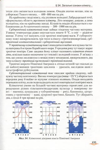 § 34. Загальні ознаки клімату.
тепле літо змінюється холодною зимою. Опадів значно менше, ніж на
узбережжі Тихого океану, —400-600 мм на рік.
На крайньому сході поясу, під упливом холодної Лабрадорської течії,
сформувалась область мусонного клімату. Літо нежарке, дощове, а зима
холодніша, ніж на крайньому заході. Кількість опадів збільшується з на­
ближенням до Атлантичного океану —500-1000 мм на рік.
Субтропічний кліматичний пояс займає південну частину материка.
Узимку температура рідко опускається нижче 0 °С, а сніг —рідкісне
явище. Улітку тут панують сухі тропічні повітряні маси. У субтропіч­
ному поясі виокремлюють три типи клімату: середземноморський, суб­
тропічний континентальний і субтропічний мусонний.
У тропічному кліматичному поясі знаходиться майже вся вузька части­
на материка й острови Карибського моря. Упродовж року тут панує жарке
тропічне повітря. Саме завдяки йому клімат називають кліматом вічного
літа, оскільки важко визначити тут теплий і холодний сезони. У зв’язку з
тим, що умови зволоження в межах поясу неоднакові, виокремлюють два
типи клімату: тропічний пустельний і тропічний вологий.
Тропічні широти Північної Америки в літньо-осінній час схильні до
дії найпотужніших тропічних циклонів —ураганів, наслідком яких є
катастрофічні руйнування.
Субекваторіальний кліматичний пояс охоплює крайню південну, най-
вужчучастину континенту. Висока температура (вище +25 °С) зберігається
впродовж року й майже не відчуває сезонних коливань. Опади випадають
переважно влітку, коли сюдинадходять вологі екваторіальні повітряні маси.
Кліматичні умови на більшій частині материка сприятливі для ви­
рощування різних сільськогосподарських культур: у помірному по­
ясі —пшениці, кукурудзи; у субтропічному —рису, бавовнику, цитру­
сових; у тропічному —кави, цукрової тростини, бананів. Тут збирають
два, а іноді й три врожаї на рік.
зо
20
ю
'
м
І, М М
|Ч+и500
|™ ||||О п а д и , мм
400
400
300
•ЛЕЇс б т л в л
100
20
10
о
-10
-2 0
-ЗО
-40
/ к
24 В«п
і
300
200
100
0
- 1 0 |
ТР
500
400
300
1200
100
С б т л В л
-20
с б т л в л
Мал. 94. Кліматичні діаграми поясів Північної Америки
 