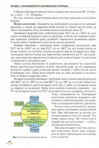 РОЗДІЛ І. ЗАКОНОМІРНОСТІ ФОРМУВАННЯ ПРИРОДИ.
У Південній півкулі зимове сонцестояння спостерігається 20-21 черв­
ня, а літнє —21-22 грудня.
Під час літнього сонцестояння давні слов’яни святкували день Івана
Купала.
Пояси освітлення. Зважаючи на особливості падіння кута сонячних
променів, а також на характер зміни світлої та темної частин доби, на
Землі визначають п’ять основних поясів освітлення (мал. 9).
Тропічний (жаркий) пояс освітлення (між 23,5° пн. ш. і 23,5° пд. ш.):
сонце на кожній паралелі двічі на рік буває в зеніті, кут падіння соняч­
них променів протягом року великий і змінюється незначною мірою.
Сезонні зміни в тривалості дня й ночі досить незначні.
Помірні північний і південний пояси освітлення (відповідно між
23,5° пн. ш. і 66,7° пн. ш.; між 23,5° пд. ні. і 66,7° пд. ш.): сонце ніколи не
буває в зеніті, але не буває і явищ полярного дня та полярної ночі. Про­
тягом року висота Сонця над горизонтом змінюється на 47°, що зумов­
лює максимальне вираження сезонних змін в інтенсивності освітлення
та тривалості світлового дня.
Зміна сезонів обумовлює й відмінність рослинності від тропічної.
Якщо тропічна рослинність зеленіє протягом року, то тут переважна
більшість кущів і дерев у холодні місяці «засинає», тобто скидає листя
й припиняє ріст. Деякі види тварин теж на зиму впадають у сплячку,
чого не буває в жаркому поясі.
Полярні (холодні) північний і південний пояси освітлення (відповідно
між 66,7° пн. ш. і 90° пн. ш.; між 66,7° пд. ш, і 90° пд. ш.): спостерігається
явище полярного дня й полярної ночі (від 1 доби на полярних колах
до півроку на полюсах). Зміна кута падіння сонячних променів —від
47° на полярних колах до 23,4° на полюсах під час полярних дня й ночі.
Тому, незважаючи на безперервне
освітлення протягом полярного дня,
кількість сонячної радіації, що потра­
пляє на поверхню планети, дуже мала.
Холод і мала освітленість у поляр­
них поясах упливають на рослинний
світ. При наближенні до центру по­
яса рослинності стає все менше. Тут
немає навіть моху. Це стосується й
тварин: що далі від полюса —то біль­
ша їхня різноманітність.
Загалом неважко помітити, що по­
яси освітлення Землі дуже вплива­
ють на ареал проживання всіх живих
істот планети.Мал. 9. Пояси освітлення Землі
 