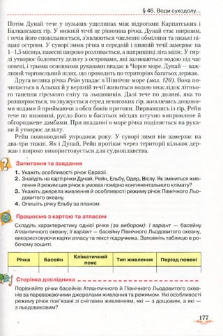 § 46. Води суходолу.
Потім Дунай тече у вузьких ущелинах між відрогами Карпатських і
Балканських гір. У нижній течії це рівнинна річка. Дунай стає ширшим,
і течія його сповільнюється, з’являються численні обмілини та низькі пі­
щані острови. У суворі зими річка в середній і нижній течії замерзає на
1-1,5 місяця, навесні широко розливається, а наприкінці літа міліє. У гир­
лі утворює болотисту дельту з островами, які заливаються водою під час
повені, і трьома основними рукавами впадає в Чорне море. Дунай —важ­
ливий торговельний шлях, що проходить по територіях багатьох держав.
Друга велика річка Рейн упадає в Північне море (мал. 120). Вона по­
чинається в Альпах й у верхній течії живиться водою внаслідок літньо­
го танення гірського снігу та льодовиків. Далі тече по долині, яка то
розширюється, то звужується серед невисоких гір, живлячись дощови­
ми водами й приймаючи з обох боків притоки. Вирвавшись із гір, Рейн
тече по низовині, русло його в багатьох місцях штучно випрямлене й
обгороджене дамбами. При впаданні в море річка поділяється на рука­
ви й утворює дельту.
Рейн повноводний упродовж року. У суворі зими він замерзає на
два-три тижні. Як і Дунай, Рейн протікає через території кількох дер­
жав і широко використовується для судноплавства.
Запитання та завдання
1. Укажіть особливості річок Євразії.
2. Знайдіть на карті річки Дунай, Рейн, Ельбу, Одер, Віслу. Як зміниться жив­
лення й режим цих річок в умовах помірно континентального клімату?
3. Укажіть джерела живлення й особливості режиму річок Північного Льо­
довитого океану.
4. Опишіть річку Ельбу за планом.
Працюємо з картою та атласом
Складіть характеристику однієї річки (за вибором) І варіант — басейну
Атлантичного океану; II варіант —басейну Північного Льодовитого океану,
використовуючи карти атласу та текст підручника. Заповніть таблицю в ро­
бочому зошиті.
Річка Басейн
Кліматичний
пояс
Тип живлення Період повені
Сторінка д осл ід н и ка__________________________ - ______ „ ______
Порівняйте річки басейнів Атлантичного й Північного Льодовитого океа­
нів за переважаючими джерелами живлення та режимом. Які особливості
режиму річок пов’язані зі сніговим живленням, які — з дощовим, а які —
з льодовиковим?
 