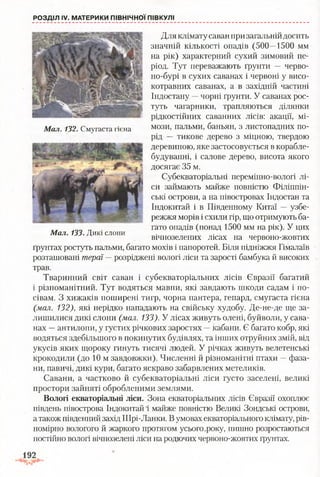 Для клімату саван при загальнійдосить
значній кількості опадів (500—1500 мм
на рік) характерний сухий зимовий пе­
ріод. Тут переважають ґрунти — черво-
но-бурі в сухих саванах і червоні у висо-
котравних саванах, а в західній частині
Індостану —чорні ґрунти. У саванах рос­
туть чагарники, трапляються ділянки
рідкостійних саванних лісів: акації, мі­
мози, пальми, баньян, з листопадних по­
рід — тикове дерево з міцною, твердою
деревиною, яке застосовується в корабле­
будуванні, і салове дерево, висота якого
досягає 35 м.
Субекваторіальні перемінно-вологі лі­
си займають майже повністю Філіппін-
ські острови, а на півостровах Індостан та
Індокитай і в Південному Китаї —узбе­
режжя морів і схили гір, що отримують ба­
гато опадів (понад 1500 мм на рік). У цих
вічнозелених лісах на червоно-жовтих
ґрунтах ростуть пальми, багато мохів і папоротей. Біля підніжжя Гімалаїв
розташовані тераї —розріджені вологі ліси та зарості бамбука й високих
трав.
Тваринний світ саван і субекваторіальних лісів Євразії багатий
і різноманітний. Тут водяться мавпи, які завдають шкоди садам і по­
сівам. З хижаків поширені тигр, чорна пантера, гепард, смугаста гієна
(мал. 132), які нерідко нападають на свійську худобу. Де-не-де ще за­
лишилися дикі слони (мал. 133). У лісах живуть олені, буйволи, у сава­
нах —антилопи, у густих річкових заростях —кабани. Є багато кобр, які
водяться здебільшого в покинутих будівлях, та інших отруйних змій, від
укусів яких щороку гинуть тисячі людей. У річках живуть велетенські
крокодили (до 10 м завдовжки). Численні й різноманітні птахи —фаза­
ни, павичі, дикі кури, багато яскраво забарвлених метеликів.
Савани, а частково й субекваторіальні ліси густо заселені, великі
простори зайняті обробленими землями.
Вологі екваторіальні ліси. Зона екваторіальних лісів Євразії охоплює
південь півострова Індокитай і майже повністю Великі Зондські острови,
а також південний захід Шрі-Ланки. Вумовах екваторіального клімату, рів­
номірно вологого й жаркого протягом усього.року, пишно розростаються
постійно вологі вічнозелені ліси на родючих червоно-жовтих фунтах.
РОЗДІЛ IV. МАТЕРИКИ ПІВНІЧНОЇ ПІВКУЛІ
Мал. 132. Смугаста гієна
Мал. 133. Дикі слони
 