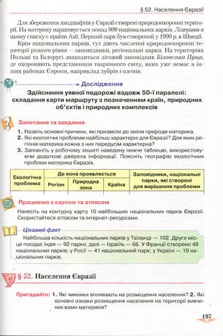 § 52. Населення Євразії
Для збереження ландшафтів у Євразії створені природоохоронні терито­
рії. На материку нараховується понад 800 національних парків. Лідерами в
цьому списку є країни Азії. Перший парк був створений у 1990 р. в Швеції.
Крім національних парків, тут діють численні природоохоронні те­
риторії різного рівня —заповідники, регіональні парки. На територіях
Польщі та Білорусі знаходиться лісовий заповідник Біловезька Пуща,
де охороняють представників тваринного світу, яких уже немає в ін­
ших районах Європи, наприклад зубрів і оленів.
------------------- -►Д о сл ід ж ен н я
З д ійсн ен н я уявної под орож і в зд овж 5 0 - ї паралелі:
складання карти м ар ш р уту з п о зн ач ен н я м кр аїн , при род н и х
о б ’єктів і п ри род н и х ко м п л ексів
Запитання та завдання
1. Назвіть основні причини, які призвели до зміни природи материка.
2. Які екологічні проблеми найбільш характерні для Євразії? Для яких ре­
гіонів материка кожна з них передусім характерна?
3. Заповніть у робочому зошиті наведену нижче таблицю, використову­
ючи додаткові джерела інформації. Поясніть географію екологічних
проблем материка Євразія.
Екологічна
проблема
Де вона проявляється Заповідники, національні
парки, які створені
для вирішення проблемиРегіон
Природна
зона
Країна
Працюємо з картою та атласом
Нанесіть на контурну карту 10 найбільших національних парків Євразії.
Скористайтеся атласом та інтернет-ресурсами.
Цікавий факт------
Найбільша кількість національних парків у Таїланді — 102. Друге міс­
це посідає Індія — 92 парки, далі — Ізраїль — 66. У Франції створено 49
національних парків; у Росії — 41 національний парк; у Україні — 19 на­
ціональних парків.
§ 52. Населення Євразії
Пригадайте: 1. Які чинники впливають на розміщення населення? 2. Які
основні ознаки розміщення населення на території вивче­
них вами материків?
 
