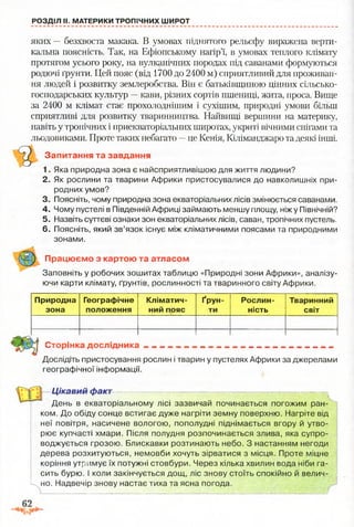 РОЗДІЛ II. МАТЕРИКИ ТРОПІЧНИХ ШИРОТ
яких —безхвоста макака. В умовах піднятого рельєфу виражена верти­
кальна поясність. Так, на Ефіопському нагір’ї, в умовах теплого клімату
протягом усього року, на вулканічних породах під саванами формуються
родючі ґрунти. Цей пояс (від 1700 до 2400 м) сприятливий для проживан­
ня людей і розвитку землеробства. Він є батьківщиною цінних сільсько­
господарських культур —кави, різних сортів пшениці, жита, проса. Вище
за 2400 м клімат стає прохолоднішим і сухішим, природні умови більш
сприятливі для розвитку тваринництва. Найвищі вершини на материку,
навіть у тропічних і приекваторіальних широтах, укриті вічними снігами та
льодовиками. Проте таких небагато —це Кенія, Кіліманджаро та деякі інші.
Запитання та завдання
1. Яка природна зона є найсприятливішою для життя людини?
2. Як рослини та тварини Африки пристосувалися до навколишніх при­
родних умов?
3. Поясніть, чому природна зона екваторіальних лісів змінюється саванами.
4. Чому пустелі в Південній Африці займають меншу площу, ніж у Північній?
5. Назвіть суттєві ознаки зон екваторіальних лісів, саван, тропічних пустель.
6. Поясніть, який зв’язок існує між кліматичними поясами та природними
зонами.
Працюємо з картою та атласом
Заповніть у робочих зошитах таблицю «Природні зони Африки», аналізу­
ючи карти клімату, ґрунтів, рослинності та тваринного світу Африки.
Природна
зона
Географічне
положення
Кліматич­
ний пояс
Ґрун­
ти
Рослин­
ність
Тваринний
світ
Сторінка д о сл ід н и ка ______ ____________ ____ __________
Д о с л ід і і ь пристосування рослин і тварин у пустелях Африки за джерелами
географічної інформації.
Цікавий факт ~— —— — —- ^
День в екваторіальному лісі зазвичай починається погожим ран­
ком. До обіду сонце встигає дуже нагріти земну поверхню. Нагріте від
неї повітря, насичене вологою, пополудні піднімається вгору й утво­
рює купчасті хмари. Після полудня розпочинається злива, яка супро­
воджується грозою. Блискавки розтинають небо. З настанням негоди
дерева розхитуються, немовби хочуть зірватися з місця. Проте міцне
коріння утримує їх потужні стовбури. Через кілька хвилин вода ніби га­
сить бурю. І коли закінчується дощ, ліс знову стоїть спокійно й велич­
но. Надвечір знову настає тиха та ясна погода.
 