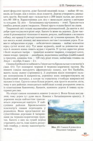 § 23. Природні зони.
жовті фералітні ґрунти; дуже багатий видовий склад —майже 40 тис.
видів, це більше, ніж в інших лісах планети. Дерева утворюють дванад­
цять ярусів. Високий ярус складається з 200 видів пальм, що досяга­
ють 80-100 м. Характерними для лісу є шоколадні дерева з квітками
та плодами. Ці ліси —батьківщина каучуконоса —гевеї. Трапляється
симбіоз деяких дерев і мурашок. Нижні яруси сельви багаті на ліани.
Тваринний світ сельви надзвичайно різноманітний. До життя в лісі
добре пристосувалися різні звірі. Багато їх живе на деревах. Дуже чис­
ленні й різноманітні чіпкохвості мавпи, ревуни, завбільшки з великого
собаку, які вранці й увечері наповнюють ліс гучними криками. На гіл­
ках висять мляві лінивці, які живляться листям і пагонами дерев. Пля­
мисте забарвлення ягуара —небезпечного хижака -- майже непомітне
серед густої зелені лісу. Тут живе мурахоїд, який за допомогою дов­
гого й липкого язика ловить мурах і термітів. У густих заростях річок
і боліт водяться тапіри —травоїдні копитні тварини, спицерогі олені,
свиня пекарі; гризуни —дикобрази, водосвинка капібара (найбільший
із гризунів, довжина тіла — 120 см); різні птахи, найменша пташка на
Землі —колібрі, її маса —2 г.
Савани йрідколісся займають Гвіанське та Бразильське плоскогір’я
(мал. 61). Тут поширені червоні й червоно-коричневі ґрунти. На
півночі савани нагадують африканську савану, але без баобабів,
мають назву льянос («рівнина»), 3 деревних видів поширені паль­
ми: коперникова й маврикієва, деревину яких використовують як
будівельний матеріал, а плоди та серцевина стовбура маврикієвої
пальми їстівні. Ґрунти саван більш родючі, ніж ґрунти вологих лісів,
тому в цих районах знаходяться найбільші площі розораних земель
із плантаціями бавовнику, бананів, кавового дерева й інших куль­
турних рослин.
На півдні савани називають кампос («поле»). Вони більш посуш­
ливі, тому дерев тут дуже мало. Кампос є батьківщиною арахісу. З
деревних видів найчастіше трапля­
ються деревовидні кактуси. У най-
сухіших районах Бразильського
плоскогір’я савани переходять у
рідколісся. Вони представлені по­
сухостійкими деревами й чагарни­
ками на червоно-коричневих ґрун­
тах. Багато з них на сухий період
утрачають листя, інші мають розду­
тий стовбур, у якому накопичуєть­
ся вода.
М ал. 61. Савани й рідколісся
Південної Америки
 