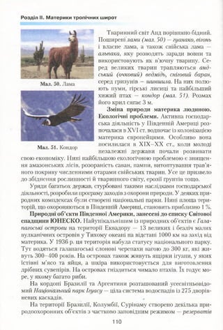 Розділ II. Материки тропічних широт
Тваринний світ Анд порівняно бідний.
Поширені лами (мал. 50) —гуанако, вігонь
і власне лама, а також свійсвка лама —
альпака, яку розводять заради вовни та
використовуютв як в’ючну тварину. Се­
ред великих тварин трапляються анд-
ський (очковий) ведмідь, сніговий баран,
серед гризунів —шиншила. На них полю­
ють пуми, гірські лисиці та найбільший
хижий птах — кондор (мал. 51). Розмах
його крил сягає 3 м.
Зміна природи материка людиною.
Екологічні проблеми. Активна господар­
ська діяльність у Південній Америці роз­
почалася в XVI ст. водночас із колонізацією
материка європейцями. Особливо вона
посилилася в ХІХ-ХХ ст., коли молоді
незалежні держави почали розвивати
свою економіку. Нині найбільшою екологічною проблемою є знищен­
ня амазонських лісів, розораність саван, пампи, витоптування трав’я­
ного покриву численними отарами свійських тварин. Усе це призвело
до збіднення рослинності й тваринного світу, ерозії ґрунтів тощо.
Уряди багатьох держав, стурбовані такими наслідками господарської
діяльності, розробили програму заходів з охорони природи. У деяких при­
родних комплексах були створені національні парки. Нині площа тери­
торій, що охороняються в Південній Америці, становить приблизно 1 %.
Природні об’єкти Південної Америки, занесені до списку Світової
спадщини ЮНЕСКО. Найунікальнішим із природних об’єктів є Гала-
пагоські острови на території Еквадору — 13 великих і безліч малих
вулканічних островів у Тихому океані на відстані 1000 км на захід від
материка. У 1936 р. ця територія набула статусу національного парку.
Тут водяться галапагоські слонові черепахи вагою до 300 кг, які жи­
вуть 300-400 років. На островах також живуть ящірки ігуани, у яких
їстівні м’ясо та яйця, а шкіра використовується для виготовлення
дрібних сувенірів. На островах гніздиться чимало птахів. їх годує мо­
ре, у якому багато риби.
На кордоні Бразилії та Аргентини розташований усесвітньовідо-
мий Національний парк Ігуасу —ціла система водоспадів із 275 дворів­
невих каскадів.
На території Бразилії, Колумбії, Сурінаму створено декілька при­
родоохоронних об’єктів з частково заповідним режимом —резерватів
Мал. 51. Кондор
110
 