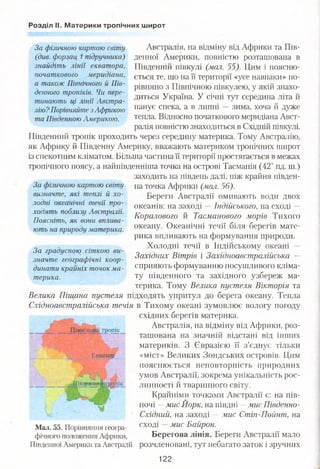 Розділ І!. Материки тропічних широт
За фізичною картою світу
(див. форзац 1 підручника)
знайдіть лінії екватора,
початкового меридіана,
а також Північного й Пів­
денного тропіків. Чи пере­
тинають ці лінії Австра­
лію? Порівняйте з Африкою
та Південною Америкою.
Австралія, на відміну від Африки та Пів­
денної Америки, повністю розташована в
Південній півкулі (мал. 55). Цим і поясню­
ється те, що на її території «усе навпаки» по­
рівняно з Північною півкулею, у якій знахо­
диться Україна. У січні тут середина літа й
панує спека, а в липні —зима, хоча й дуже
тепла. Відносно початкового меридіана Авст­
ралія повністю знаходиться в Східній півкулі.
Південний тропік проходить через середину материка. Тому Австралію,
як Африку й Південну Америку, вважають материком тропічних широт
із спекотним кліматом. Більша частина її території простягається в межах
тропічного поясу, а найпівденніша точка на острові Тасманія (42° пд. ш.)
заходить на південь далі, ніж крайня півден­
на точка Африки (мал. 56).
Береги Австралії омивають води двох
океанів: на заході —Індійського, на сході —
Коралового й Тасманового морів Тихого
океану. Океанічні течії біля берегів мате­
рика впливають на формування природи.
Холодні течії в Індійському океані —
Західних Вітрів і Західноавстралійська —
сприяють формуванню посушливого кліма­
ту південного та західного узбереж ма­
терика. Тому Велика пустеля Вікторія та
Велика Піщана пустеля підходять упритул до берега океану. Тепла
Східноавстралійська течія в Тихому океані зумовлює вологу погоду
східних берегів материка.
Австралія, на відміну від Африки, роз­
ташована на значній відстані від інших
материків. З Євразією її з’єднує тільки
«міст» Великих Зондських островів. Цим
пояснюється неповторність природних
умов Австралії, зокрема унікальність рос­
линності й тваринного світу.
Крайніми точками Австралії є: на пів­
ночі —мис Иорк, на півдні —мис Південно-
Східний, на заході —мис Стіп-Пойнт, на
сході —мис Байрон.
Берегова лінія. Береги Австралії мало
розчленовані, тут небагато заток і зручних
За фізичною картою світу
визначте, які теплі й хо­
лодні океанічні течії про­
ходять поблизу Австралії.
Поясніть, як вони вплива­
ють на природу материка.
За градусною сіткою ви­
значте географічні коор­
динати крайніх точок ма­
терика.
Пндгічі ід іі тропік _
Екватор
Мал. 55. Порівняння геогра­
фічного положення Африки,
Південної Америки та Австралії
122
 