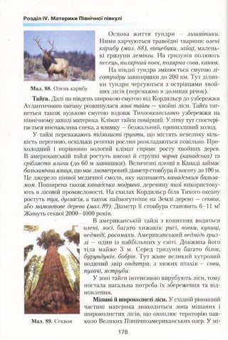 Розділ IV. Материки Північної півкулі
Основа життя тундри — лишайники.
Ними харчуються травоїдні тварини: олені
карибу (мал. 88), вівцебики, зайці, малень­
кі гризуни лемінги. На гризунів полюють
песець, полярний вовк, полярна сова, канюк.
На півдні тундра змінюється смугою лі­
сотундри завширшки до 200 км. Тут ділян­
ки тундри чергуються з острівцями хвой-
Мал. 88. Олень карибу дих л^ в (переважно в долинах річок).
Тайга. Далі на південь широкою смугою від Кордильєр до узбережжя
Атлантичного океану розкинулася зона тайги —хвойні ліси. Тайга тяг­
неться також вузькою смугою вздовж Тихоокеанського узбережжя на
північному заході материка. Клімат тайги помірний. Улітку тут спостері­
гається виснажлива спека, а взимку —безжальний, пронизливий холод.
У тайзі переважають підзолисті Грунти, що містять невелику кіль­
кість перегною, оскільки рештки рослин розкладаються повільно. Про­
холодний і порівняно вологий клімат сприяє росту хвойних дерев.
В американській тайзі ростуть високі й стрункі чорна (канадська) та
срібляста ялини (до 60 м заввишки). Величезні площі в Канаді займає
бальзамічна ялиця, що має двометровий діаметр стовбура й висоту до 100 м.
Це джерело цінної медичної смоли, яку називають канадським бальза­
мом. Поширена також канадська модрина, деревину якої використову­
ють в лісовій промисловості. На схилах Кордильєр біля Тихого океану
ростуть туя, дугласія, а також наймогутніше на Землі дерево —секвоя,
або мамонтове дерево (мал. 89). Діаметр її стовбура становить 6-11 м!
Живуть секвої 2000-4000 років.
В американській тайзі з копитних водяться
олені, лосі, багато хижаків: рисі, вовки, куниці,
ведмеді, росомахи. Американський ведмідь гриз­
лі — один із найбільших у світі. Довжина його
тіла майже 3 м. Серед гризунів багато білок,
бурундуків, бобрів. Тут живе великий хутровий
водяний звір ондатра, з хижих птахів — сови,
пугачі, яструби.
У зоні тайги інтенсивно вирубують ліси, тому
постала нагальна потреба їх збереження та від­
новлення.
Мішані й широколисті ліси. У східній рівнинній
частині материка знаходиться зона мішаних і
широколистих лісів, що охоплює територію нав-
Мал. 89. Секвоя коло Великих Північноамериканських озер. У мі-
178
 