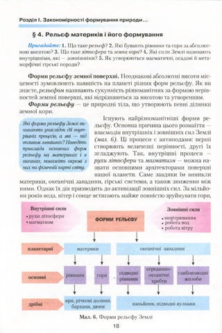Розділ І. Закономірності формування природи..
§ 4. Рельєф материків і його формування
Пригадайте: 1. Що такерельєфі 2. Які бувають рівнини та гори за абсолют­
ною висотою? 3. Що таке літосфера та земна кора? 4. Які сили Землі називають
внутрішніми, які —зовнішніми? 5. Як утворюються магматичні, осадові й мета­
морфічні гірські породи?
Форми рельєфу земної поверхні. Неоднакові абсолютні висоти міс­
цевості зумовлюють наявність на планеті різних форм рельєфу. Як ви
знаєте, рельєфом називають сукупність різноманітних за формою нерів­
ностей земної поверхні, які відрізняються за висотою та утворенням.
Форми рельєф у —це природні тіла, що утворюють певні ділянки
земної кори.
Існують найрізноманітніші форми ре­
льєфу. Основна причина цього розмаїття —
взаємодія внутрішніх і зовнішніх сил Землі
(мал. 6). Ці процеси є антиподами: перші
створюють величезні нерівності, другі їх
згладжують. Так, внутрішні процеси —
рухи літосфери та магматизм —можна на­
звати основними архітекторами поверхні
нашої планети. Саме завдяки їм виникли
материки, океанічні западини, гірські системи, а також зниження між
ними. Однак їх дія призводить до активізації зовнішніх сил. За мільйо­
ни років вода, вітер і сонце встигають майже повністю зруйнувати гори,
Які формирельєфу Землі ви­
никають унаслідок дії внут­
рішніх процесів, а які — під
впливом зовнішніх?Наведіть
приклади основних форм
рельєфу на материках і в
океанах, покажіть окремі з
них на фізичній карті світу.
Мал. 6. Форми рельєфу Землі
18
 