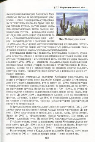 § 37. Перемінно-вологі ліси..
ну внутрішніх плоскогір’їв Кордильєр, Мек­
сиканське нагір’я та Каліфорнійське узбе­
режжя. Пустелі є в помірному, субтропічно­
му та тропічному поясах. На бурих і сіро-бу­
рих грунтах пустель ростуть полин, агави,
юки, колючі чагарники. Типові рослини аме­
риканських пустель — різноманітні какту­
си. Одні з них мають форму кулі (діаметр до
2,5 м). їх називають їжаковими. Інші —цере-
уси —нагадують свічки й досягають висоти
15-20 м (мал. 91). У деяких кактусів їстівне насіння, а їх стеблами годують
худобу. У стовбурах старих кактусів утворюються дупла, де живуть птахи.
З тварин поширені ящірки, черепахи, пустельна сарана.
Вертикальна (висотна) поясність. Вертикальна поясність зумов­
лена передусім зміною з висотою співвідношення тепла й вологи: зни­
жується температура й атмосферний тиск, зростає сонячна радіація,'
а на висоті 2000-3000 м —хмарність і кількість опадів. Відповідно змі­
нюється склад рослин і тварин та процеси ґрунтоутворення. Із збіль­
шенням висоти гір і з наближенням до екватора зростає кількість
висотних поясів. Найнижчий пояс збігається з природною зоною су­
сідньої рівнини.
Найповніше вертикальна поясність Кордильєр представлена на
півдні в субтропічному поясі на хребті Сьєрра-Невада, де сформува­
лося п’ять поясів ландшафтів. Тут на висоті до 1200 м схили гір укри­
ті твердолистяними вічнозеленими лісами та чагарниками, які ростуть
на коричневих ґрунтах. Вище, на висоті до 1700-1900 м, на бурих лі­
сових ґрунтах поширені вологолюбні хвойні ліси із сосни, кедра, яли­
ни білої. До 2800-3000 м підіймаються ялинові ліси на підзолистих
ґрунтах. Ще вище, на висоті до 3800 м, переважають альпійські луки
на гірських лучних ґрунтах. Найвищі пасма гір укриті багаторічними
снігами та льодовиками.
Із просуванням на північ кількість поясів скорочується. Так, у Ске­
лястих горах на південному заході Канади поясів уже чотири. До ви­
соти 1400 м простягаються хвойні ліси з ялини, ялиці, сосни жовтої.
Вище, до 2000 м, сформувалися гірські чагарники. Ще вище, до
2500 м —альпійські луки. На висоті 3000 м починаються льодовики.
У субарктичному поясі на північному заході Кордильєр Аляски по­
ясів усього три. До 1000 м схили вкриті хвойними лісами. Вище тяг­
неться гірська тундра. На висоті 1500 м —сніги й льодовики.
В арктичному поясі в Кордильєрах ("на хребті Брукса) існує лише
два пояси: до 500 м —гірська тундра, вище —вічні сніги й лід.
Мал. 91. Кактуси цереуси
 