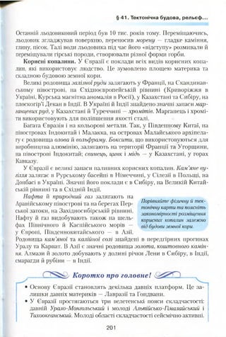 § 41. Тектонічна будова, рельєф..
Останній льодовиковий період був 10 тис. років тому. Переміщаючись,
льодовик згладжував поверхню, переносив морену — гладке каміння,
глину, пісок. Талі води льодовика під час його «відступу» розмивали й
переміщували гірські породи, створювали різної форми горби.
Корисні копалини. У Євразії є поклади всіх видів корисних копа­
лин, які використовує людство. Це зумовлено площею материка та
складною будовою земної кори.
Великі родовища залізноїруди залягають у Франції, на Скандинав­
ському півострові, на Східноєвропейській рівнині (Криворіжжя в
Україні, Курська магнітна аномалія в Росії), у Казахстані та Сибіру, на
плоскогір’ї Декан в Індії. В Україні й Індії знайдено значні запаси мар­
ганцевихруд, у Казахстані й Туреччині —хромітів. Марганець і хромі­
ти використовують для поліпшення якості сталі.
Багата Євразія і на кольорові метали. Так, у Південному Китаї, на
півостровах Індокитай і Малакка, на островах Малайського архіпела­
гу є родовища олова й вольфраму. Боксити, що використовуються для
виробництва алюмінію, залягають на території Франції та Угорщини,
на півострові Індокитай; свинець, цинк і мідь — у Казахстані, у горах
Кавказу.
У Євразії є великі запаси паливних корисних копалин. Кам’яне ву­
гілля залягає в Рурському басейні в Німеччині, у Сілезії в Польщі, на
Донбасі в Україні. Значні його поклади є в Сибіру, на Великій Китай­
ській рівнині та в Східній Індії.
Нафта й природний газ залягають на
Аравійському півострові та на берегах Пер­
ської затоки, на Західносибірській рівнині.
Нафту й газ видобувають також на шель­
фах Північного й Каспійського морів —
у Європі, Південнокитайського — в Азії.
Родовища кам’яної та калійної солі знайдені в передгірних прогинах
Уралу та Карпат. В Азії є значні родовища золота, коштовного камін­
ня: Алмази й золото добувають у долині річки Лени в Сибіру, в Індії,
смарагди й рубіни —в Індії.
Корот ко про головнеІ
• Основу Євразії становлять декілька давніх платформ. Це за­
лишки давніх материків —Лавразії та Гондвани.
• У Євразії простягаються три велетенські пояси складчастості:
давній Урало-Монгольський і молоді Альпійсько-Гімалайський і
Тихоокеанський. Молоді області складчастості сейсмічно активні.
Порівняйте фізичну й тек­
тонічну карти та поясніть
закономірності розміщення
корисних копалин залежно
від будови земної кори.
201
 