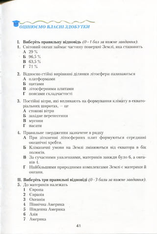 ОЦІНЮЄМО ВЛАСНІ ЗДО БУТКИ
І. Виберіть правильну відповідь (0 -1 бал за кожне завдання).
1. Світовий океан займає частину поверхні Землі, яка становить
А 29%
Б 96,5%
В 63,5%
Г 71%
2. Відносно стійкі вирівняні ділянки літосфери називаються
А платформами
Б щитами
В літосферними плитами
Г поясами складчастості
3. Постійні вітри, які впливають на формування клімату в еквато­
ріальних широтах, —це
А стокові вітри
Б західне перенесення
В мусони
Г пасати
Правильне твердження зазначене в рядку
А При зіткненні літосферних плит формуються серединні
океанічні хребти.
Б Кліматичні умови на Землі змінюються від екватора в бік
полюсів.
В За сучасними уявленнями, материків завжди було 6, а океа­
нів 4.
Г Найбільшими природними комплексами Землі є материки й
океани.
II. Виберіть три правильні відповіді (0 -3 бали за кожне завдання).
До материків належать
1 Європа
2 Євразія
3 Океанія
4 Північна Америка
5 Південна Америка
6 Азія
7 Америка
41
 