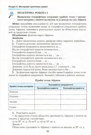 Розділ II. Материки тропічних широт
0  ПРАКТИЧНА РОБОТА 2
& Визначення географічних координат крайніх точок і протяж­
ності материка з півночі на південь та із заходу на схід Африки
Мета: пригадати послідовність дій при визначенні географічних
координат точок; визначити назви та географічні координати крайніх
точок Африки; навчитися розв’язувати задачі на обчислення відста­
ней за градусною сіткою.
Обладнання: фізична карта Африки.
Завдання
1. Дайте визначення понять: градусна сітка; паралелі; меридіани.
2. Спишіть речення, заповнивши пропуски.
Географічні координати визначаються за ... .
Відлік географічної широти починається ....
Географічна широта буває ... та ....
Географічна широта змінюється від ... °до ... °.
Відлік географічної довготи починається від ....
Географічна довгота буває ... та ....
Географічна довгота змінюється від ... °до ... °.
Довжину дуги будь-якого меридіана в 1° становить ... км.
Довжина паралелей різна. Вона зменшується в бік ....
3. За фізичною картою Африки з’ясуйте назви її крайніх точок та ви­
значте їх географічні координати. Заповніть таблицю в робочих зошитах.
Крайні точки Африки
Крайні точки материка
Географічні координати
Географічна широта Географічна довгота
Північна —
Південна —
Західна —
Східна —
4. Розв’яжіть задачі.
• За градусною сіткою обчисліть протяжність Африки з півночі на
південь у градусах і кілометрах:
а) за 30° сх. д.; б) за 0° д.; в) за 10° зх. д.
. Зразок 1
Обчислимо протяжність Африки з півночі на південь за 20° сх. д.
82
 
