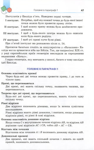 Головне в параграфі 1 47
Постулатів у Евкліда п’ять. Наведемо перші чотири.
І постулат. Потрібно, щоб від кожної точки до будь-якої іншої
точки можна було провести пряму лінію.
II постулат. І щоб кожну пряму можна було необмежено про­
довжити.
III постулат. І щоб з будь-якого центра можна було описати
коло будь-якого радіуса.
IV постулат. І щоб усі прямі кути були рівні.
Про п’ятий постулат ми розкажемо після п. 14.
Протягом багатьох століть за популярністю з «Началами» Ев­
кліда могла зрівнятися хіба що Біблія. Так, ще наприкінці XIX ст.
у ряді європейських країн геометрію викладали за спрощеними
виданнями «Начал».
І зараз геометрія, яку вивчають у школі, багато в чому наслідує
ідеї Евкліда.
ГОЛОВНЕ В ПАРАГРАФ11
Основна властивість прямої
Через будь-які дві точки можна провести пряму, і до того ж
тільки одну.
Прямі, що перетинаються
Дві прямі, які мають спільну точку, називають такими, що
перетинаються.
Теорема про дві прямі, що перетинаються
Будь-які дві прямі, що перетинаються, мають тільки одну
спільну точку.
Рівні відрізки
Два відрізки називають рівними, якщо їх можна сумістити
накладанням.
Рівні відрізки мають рівні довжини, і навпаки, якщо довжини
відрізків рівні, то рівні й самі відрізки.
Основна властивість довжини відрізка
Якщо точка С є внутрішньою точкою відрізка АВ, то відрізок АВ
дорівнює сумі відрізків АС і СВ, тобто АВ = АС + СВ.
Відстань між точками
Відстанню між точками А і В називають довжину відрізка АВ.
Доповняльні промені
Два промені, які мають спільний початок і лежать на одній
прямій, називають доповняльними.
 
